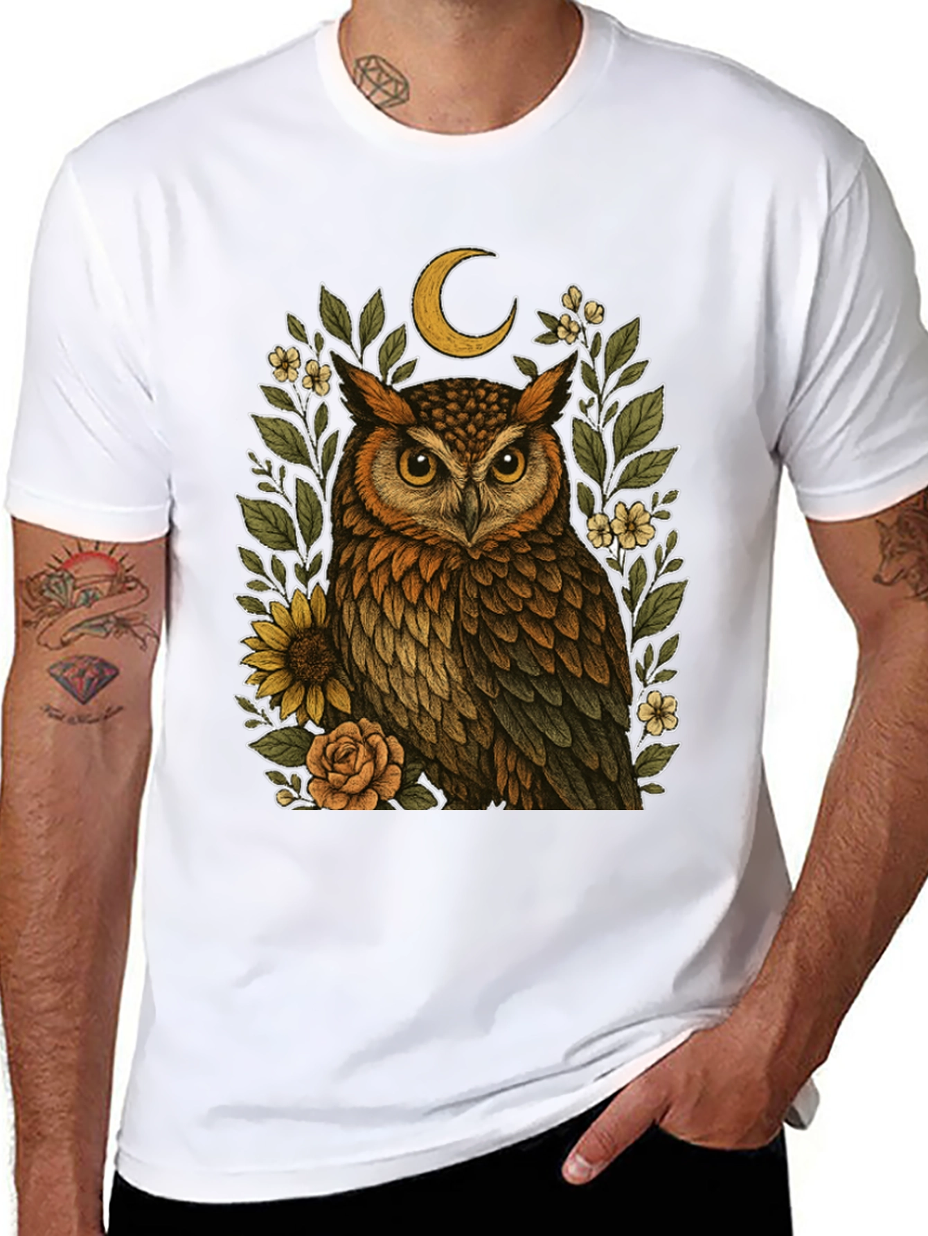 Owl & Crescent Moon Graphic Tee - Black