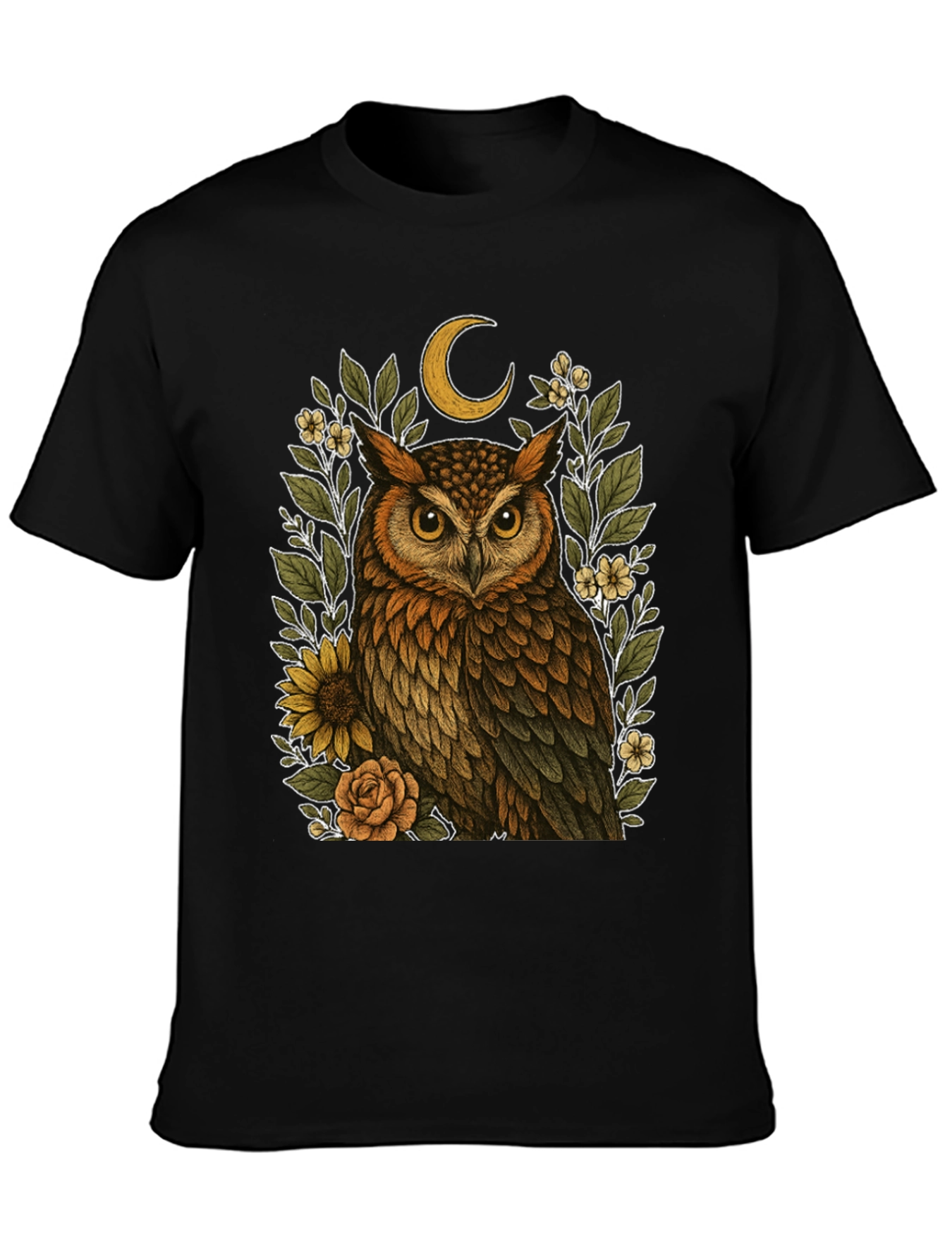 Owl & Crescent Moon Graphic Tee - Black