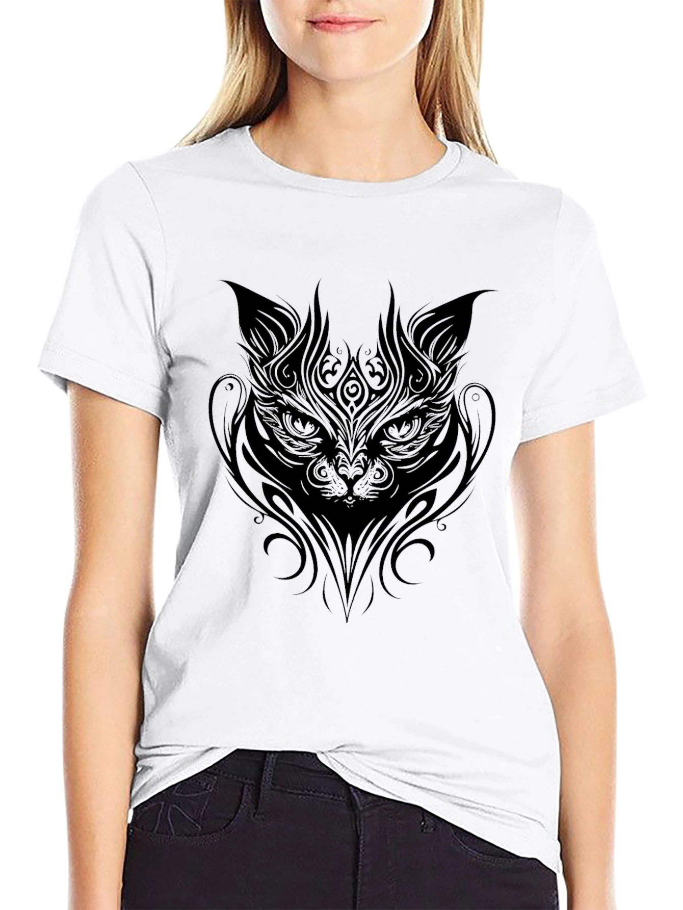 Tribal Cat Graphic Black T-Shirt