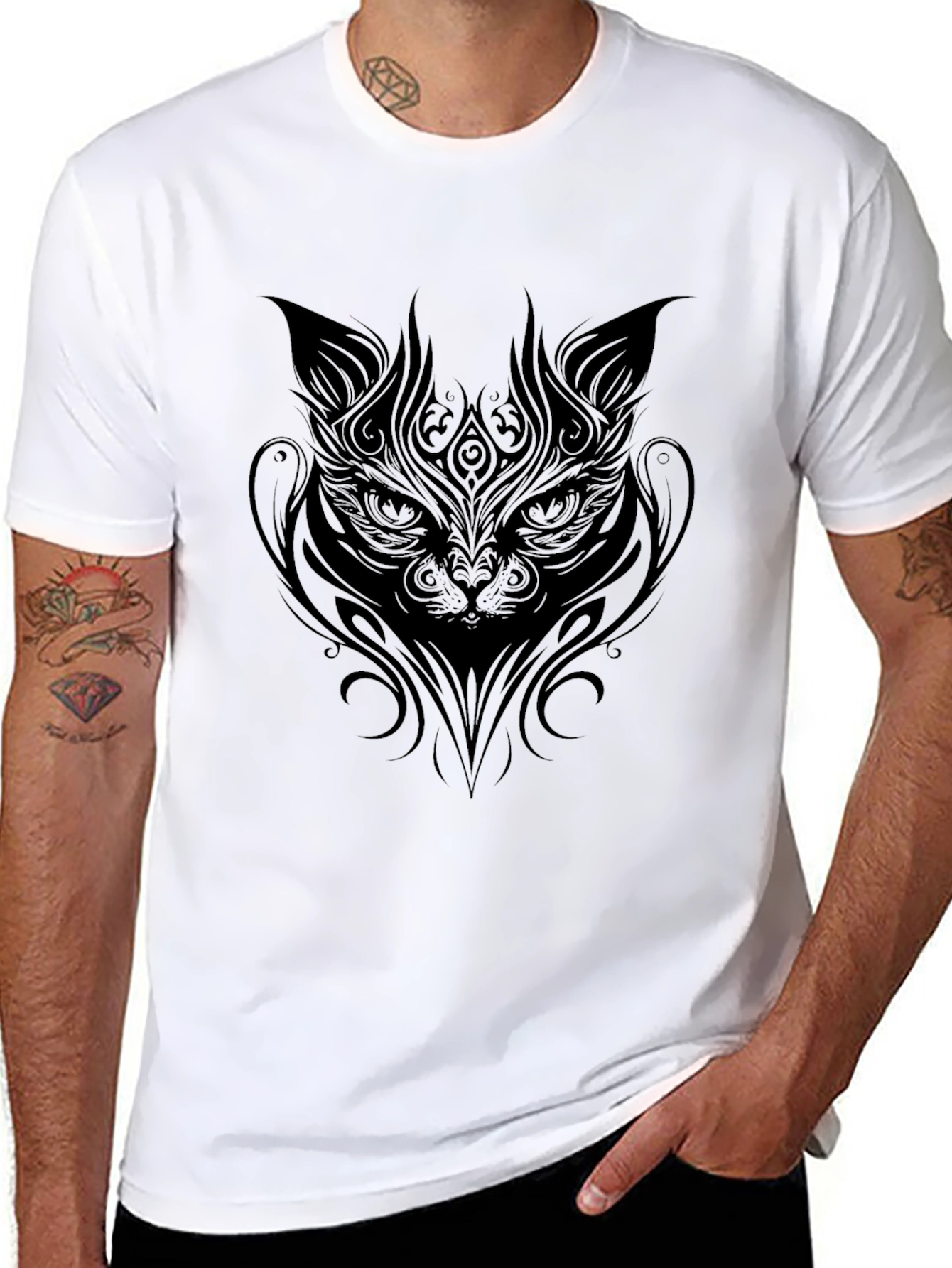 Tribal Cat Graphic Black T-Shirt