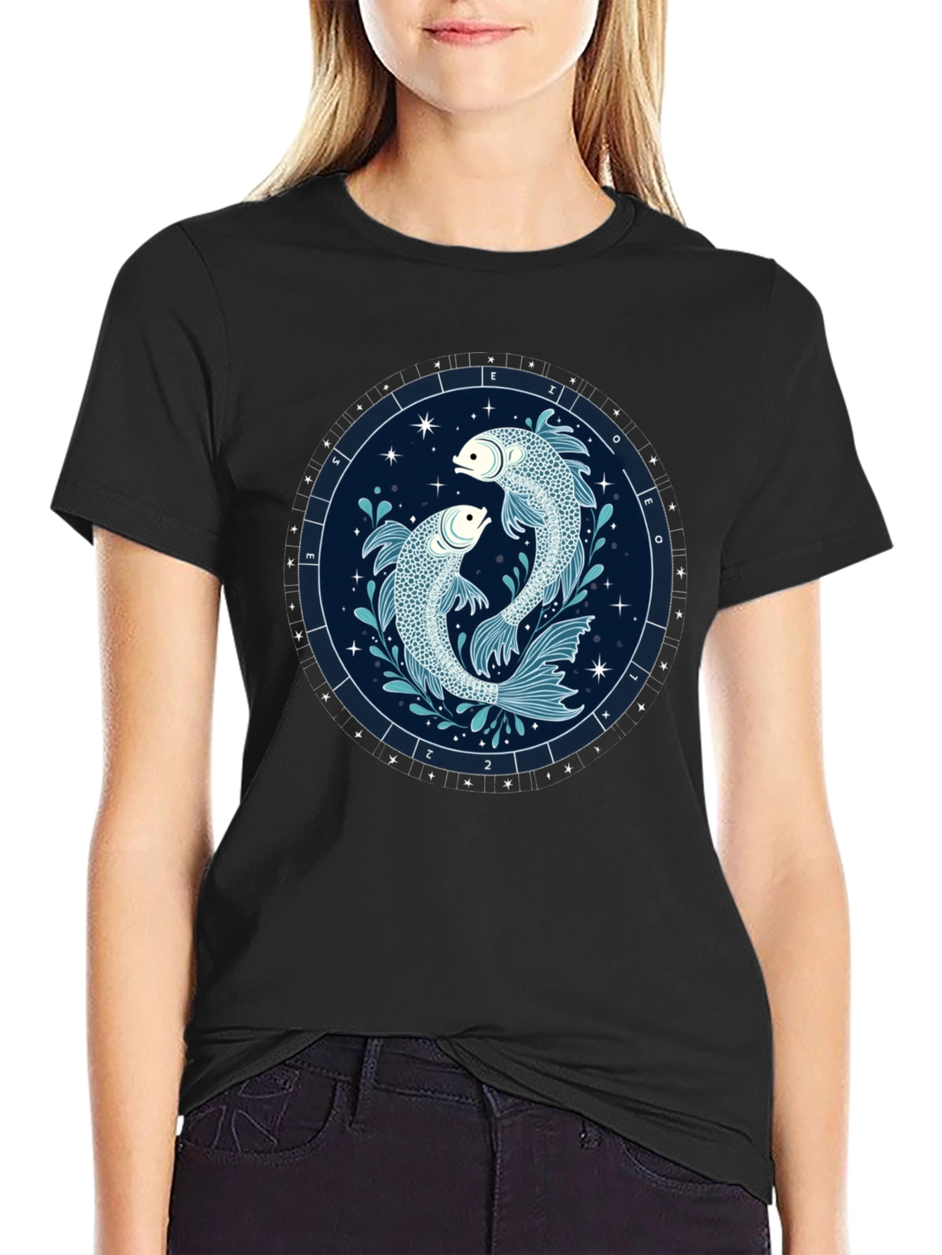 Pisces Zodiac Graphic Tee - Black