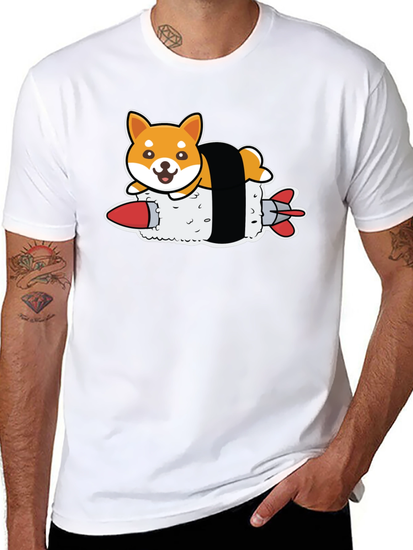 Shiba Inu Sushi Rocket Black T-Shirt