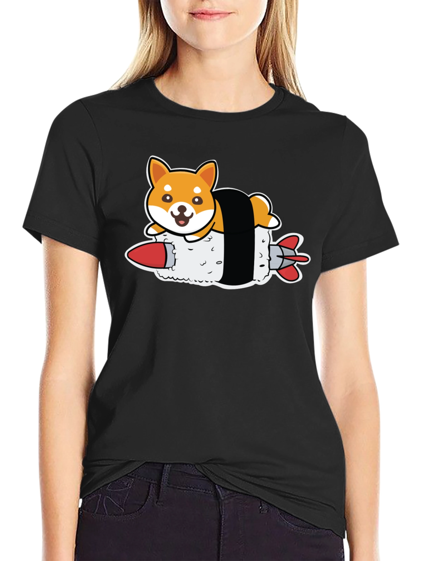 Shiba Inu Sushi Rocket Black T-Shirt