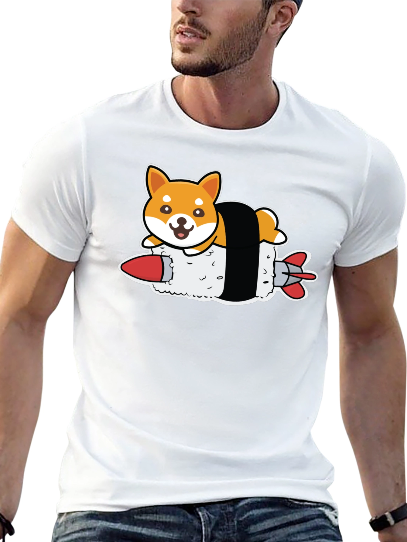 Shiba Inu Sushi Rocket Black T-Shirt