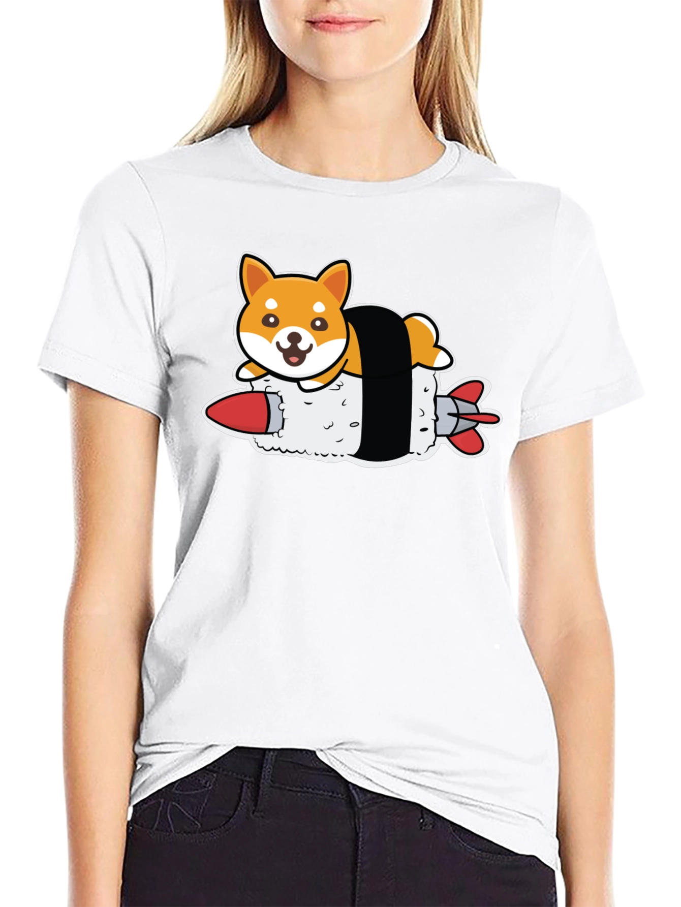 Shiba Inu Sushi Rocket Black T-Shirt