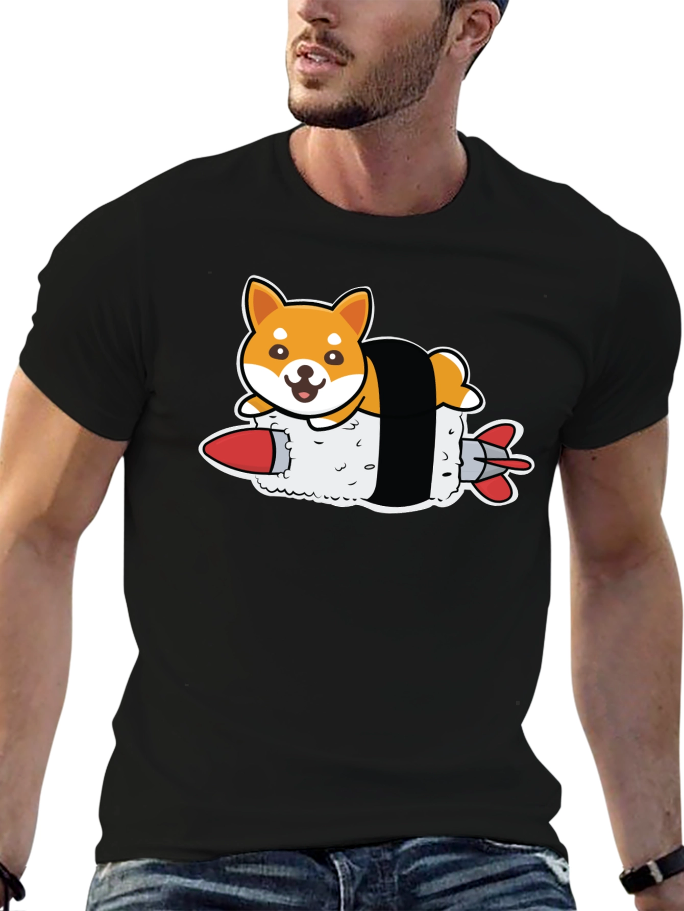 Shiba Inu Sushi Rocket Black T-Shirt