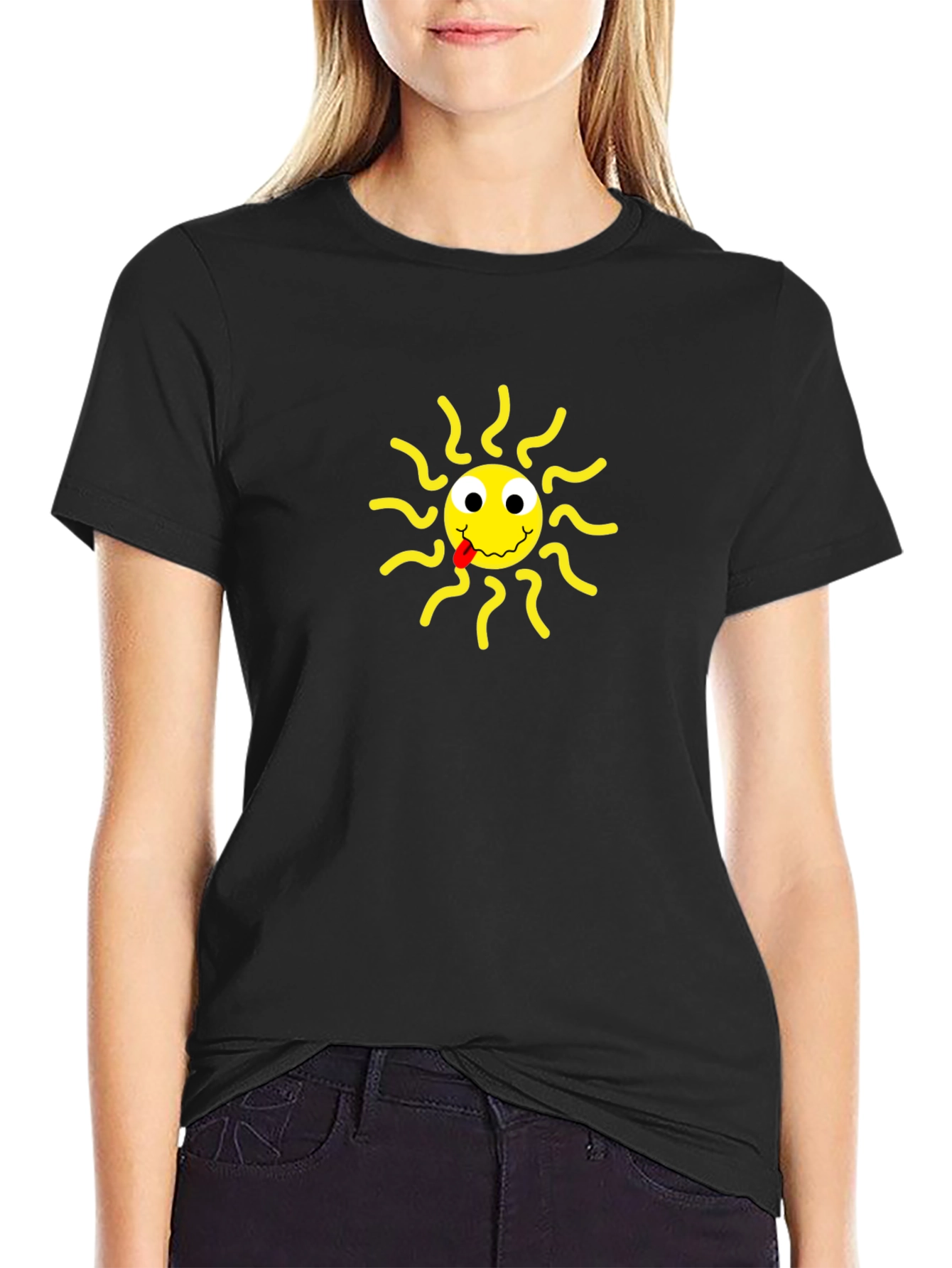 Black T-Shirt with Smiling Sun Design
