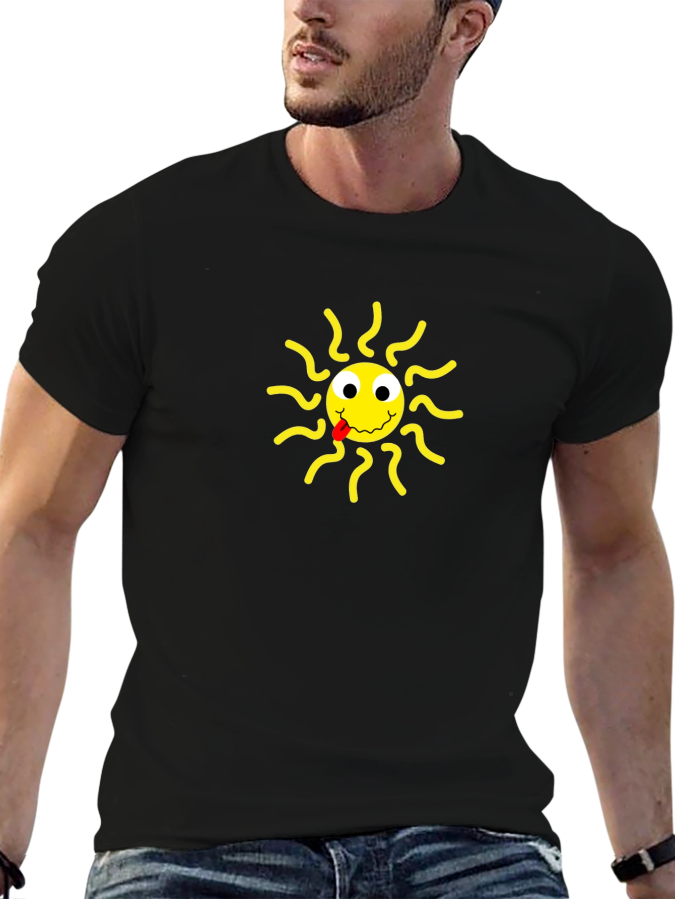 Black T-Shirt with Smiling Sun Design