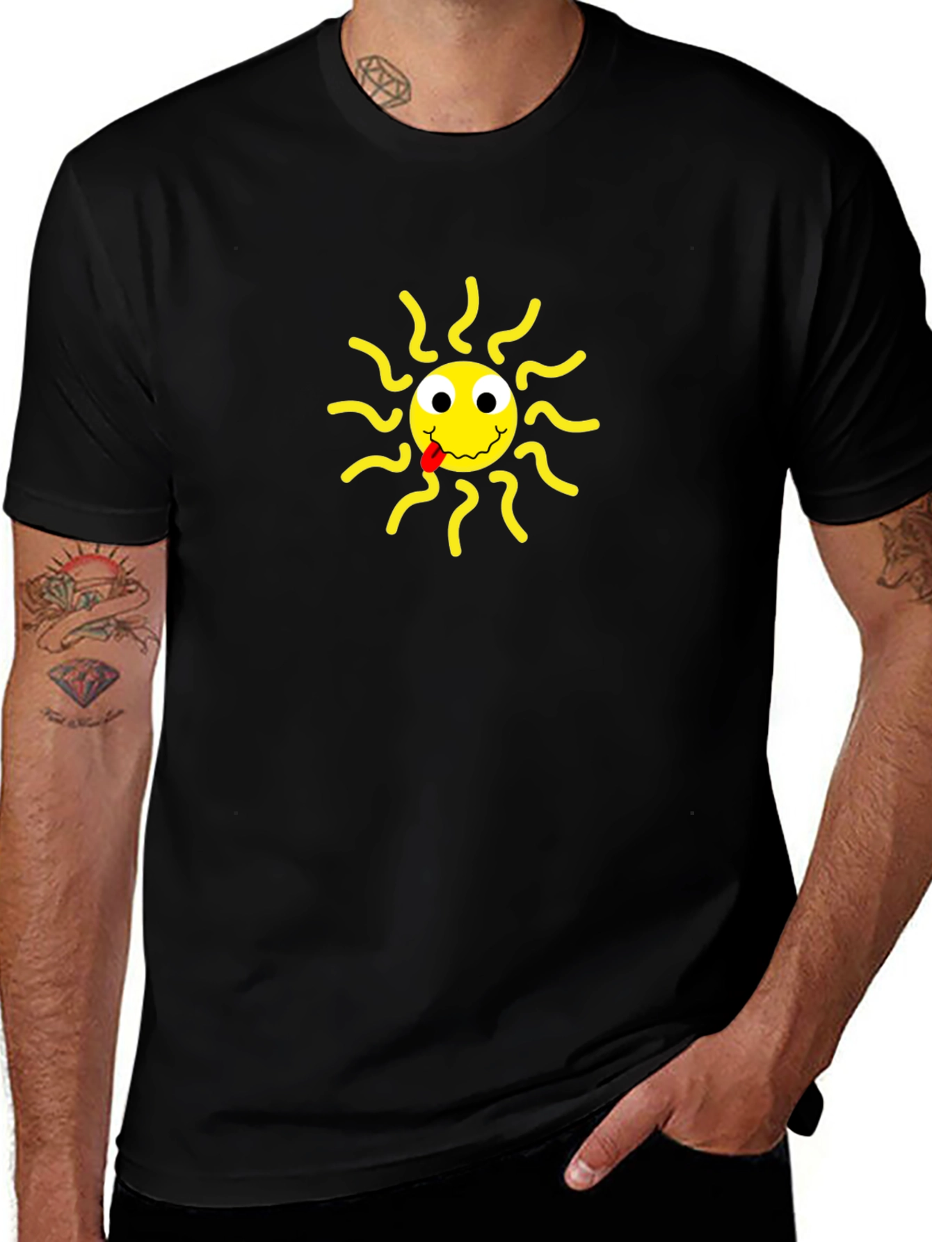 Black T-Shirt with Smiling Sun Design