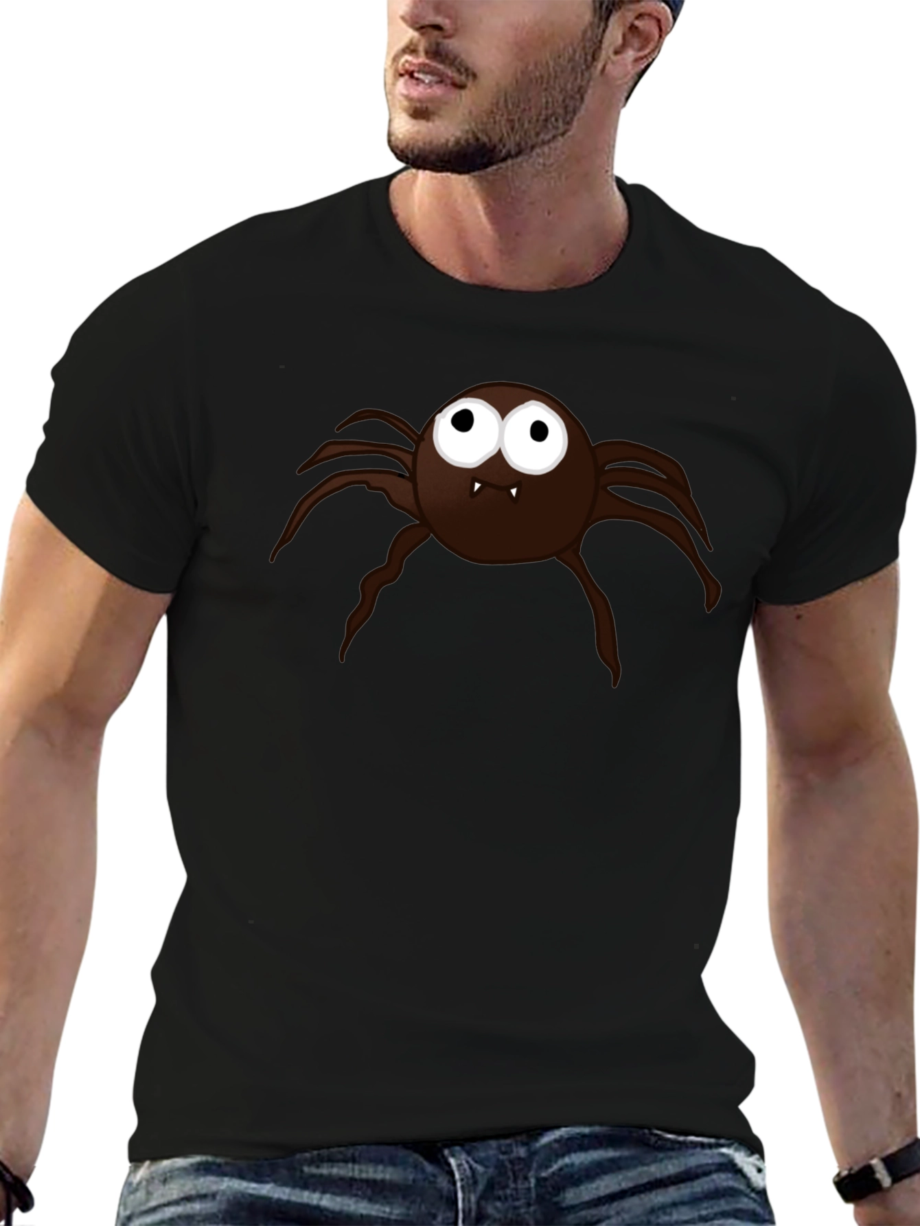 Mens Black T-Shirt with Cartoon Spider Graphic