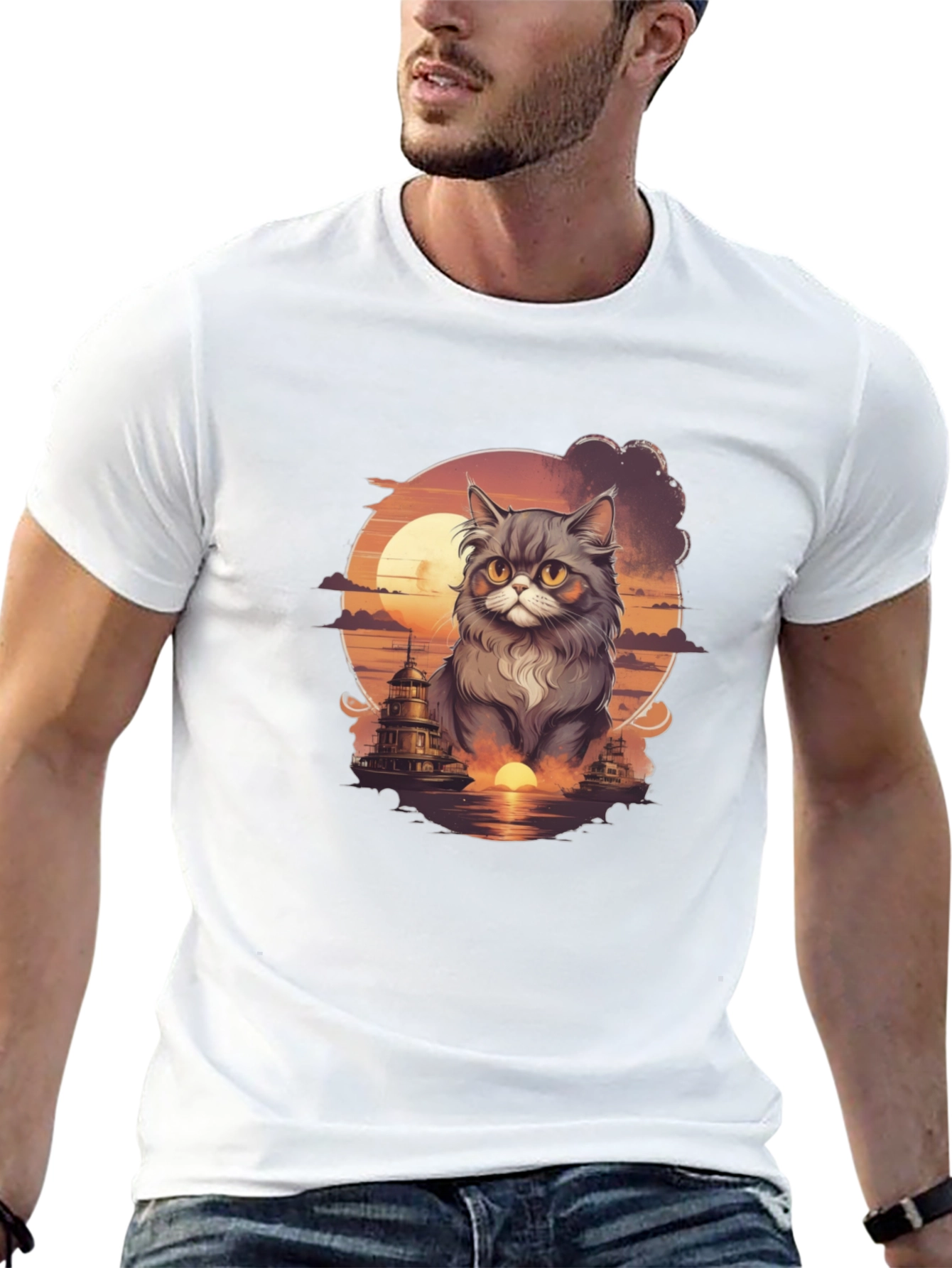 Sunset Cat Graphic T-Shirt - Stylish Cotton Tee