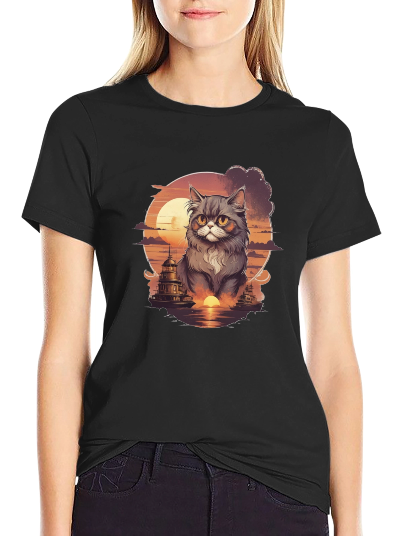 Sunset Cat Graphic T-Shirt - Stylish Cotton Tee
