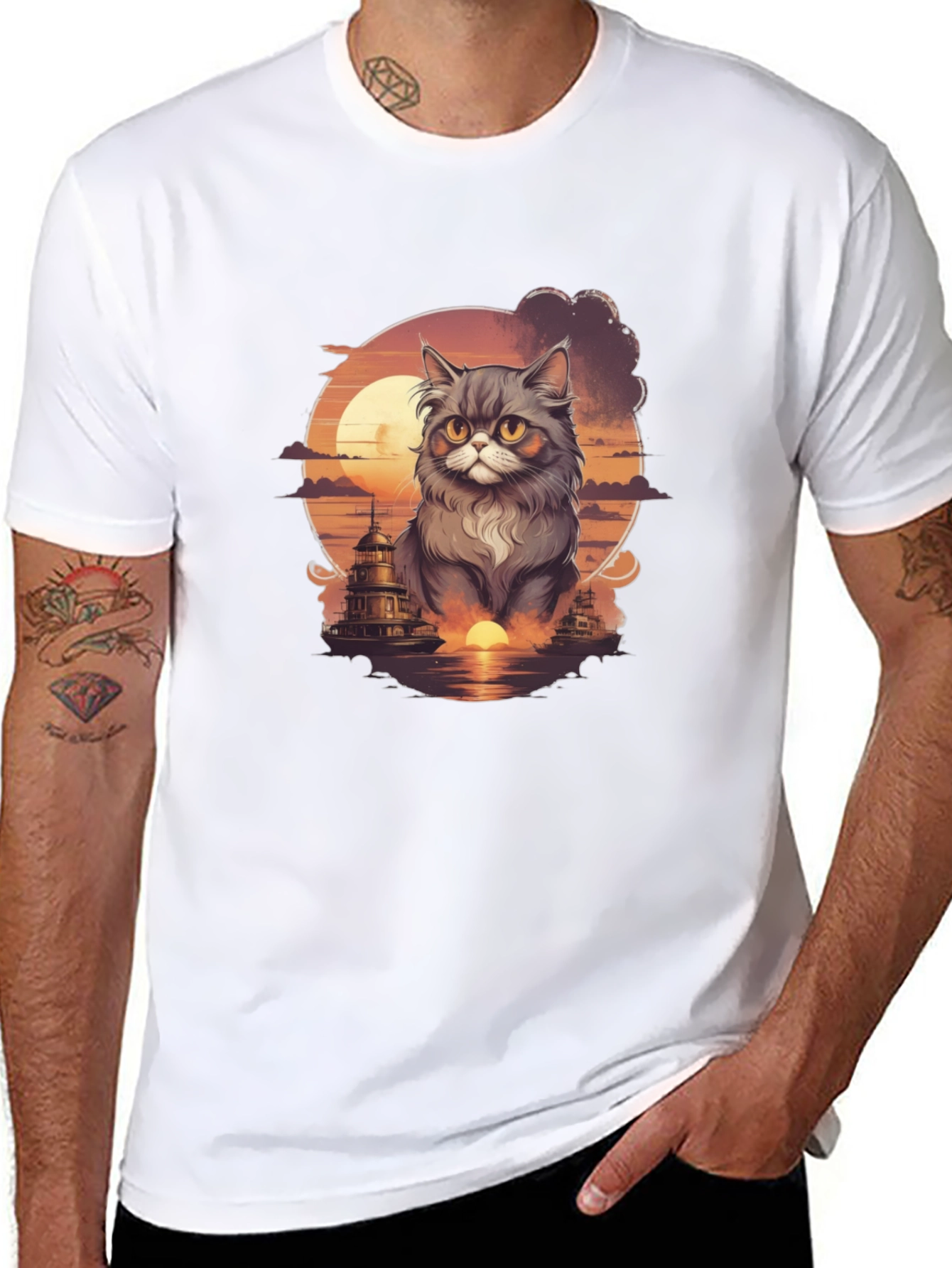 Sunset Cat Graphic T-Shirt - Stylish Cotton Tee