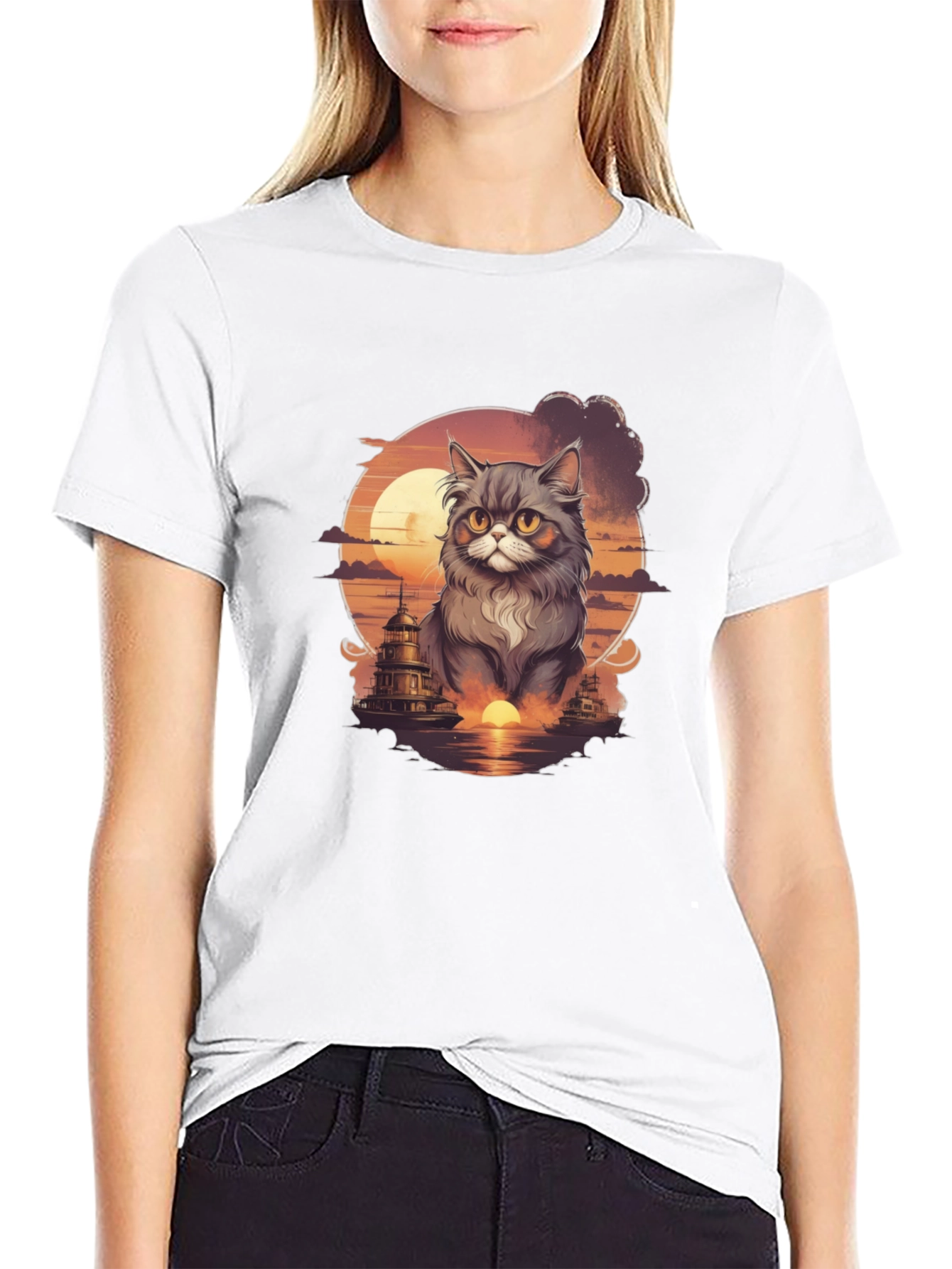 Sunset Cat Graphic T-Shirt - Stylish Cotton Tee