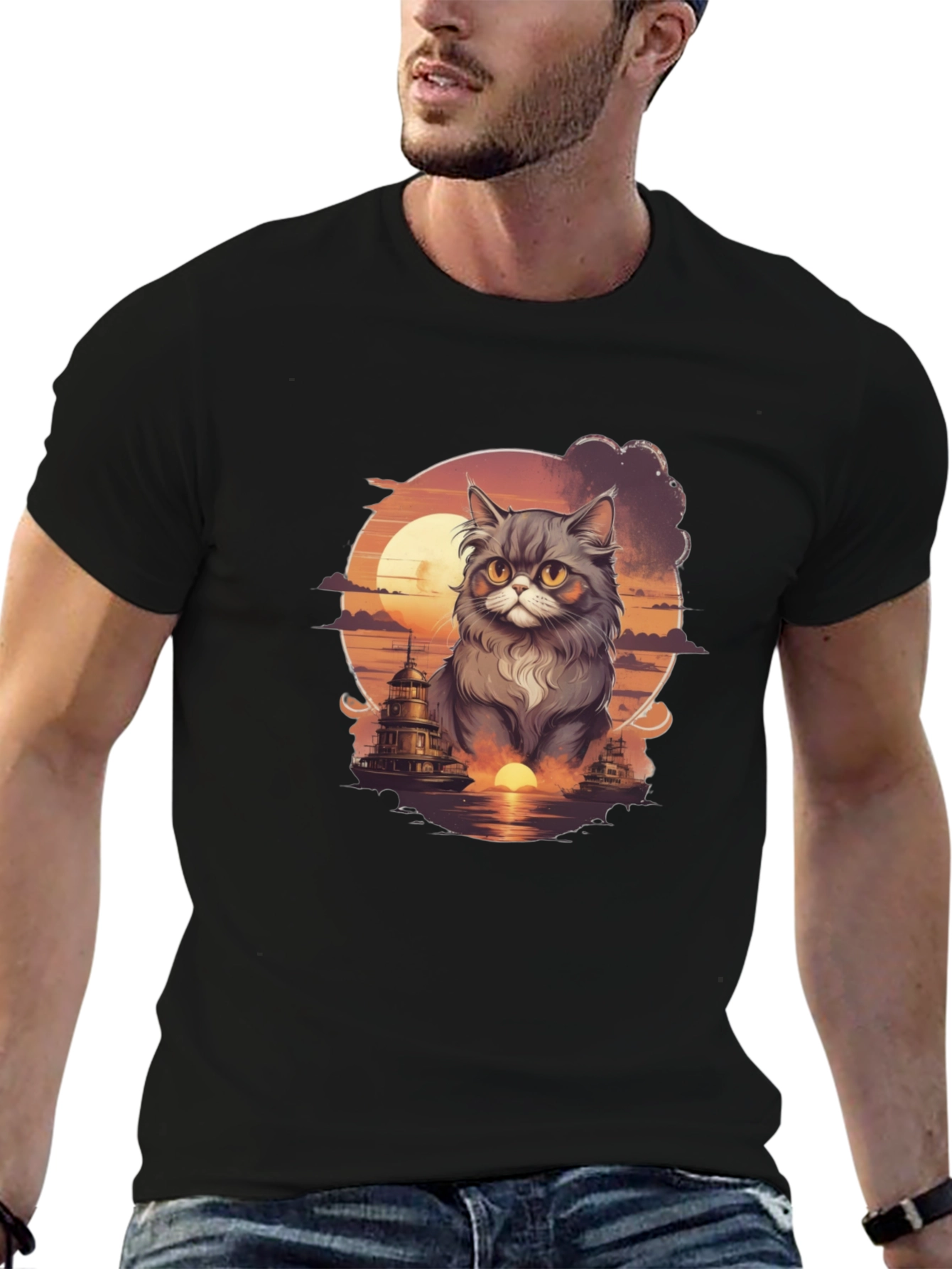 Sunset Cat Graphic T-Shirt - Stylish Cotton Tee
