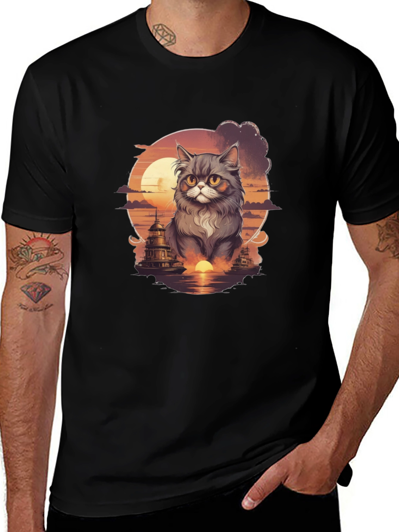 Sunset Cat Graphic T-Shirt - Stylish Cotton Tee