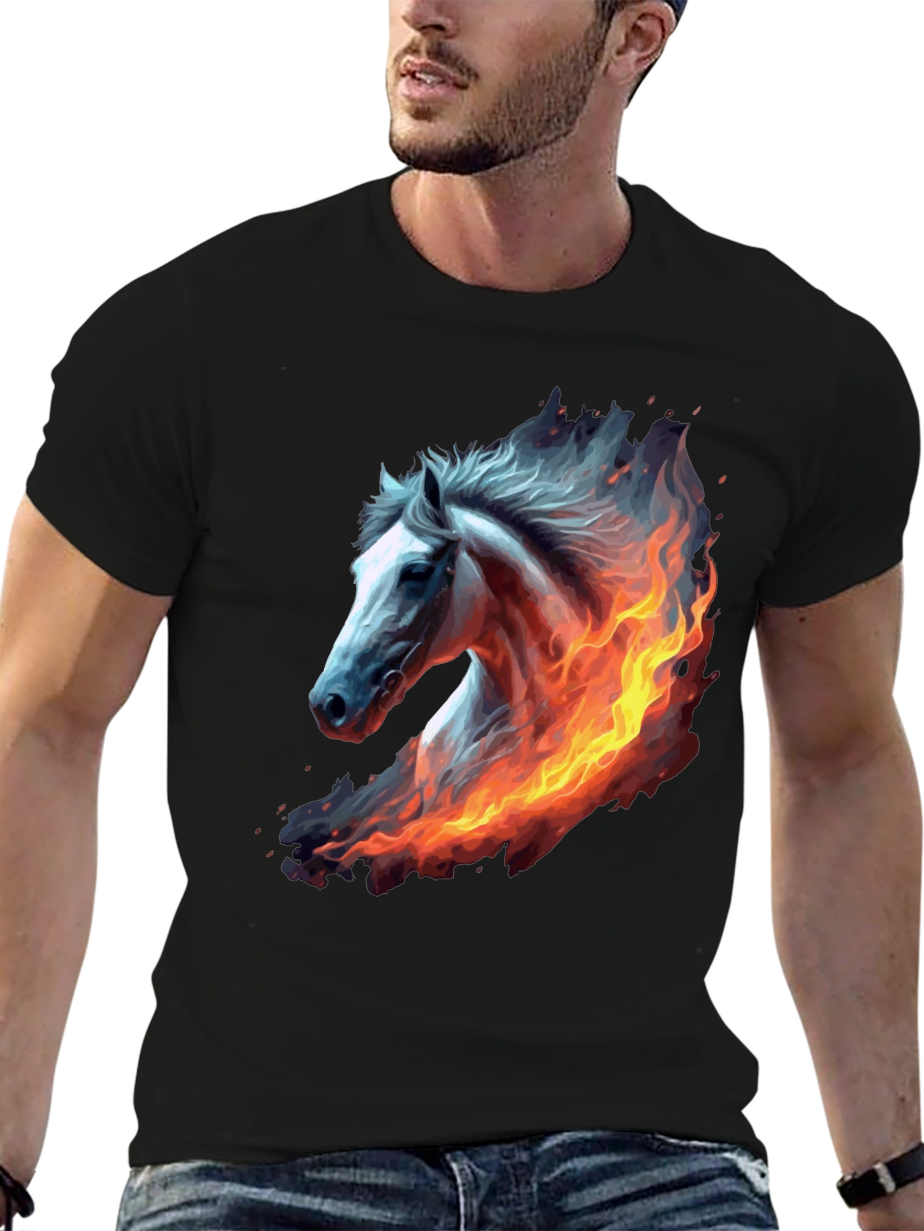 Fiery Horse Graphic Tee - Black Cotton T-Shirt