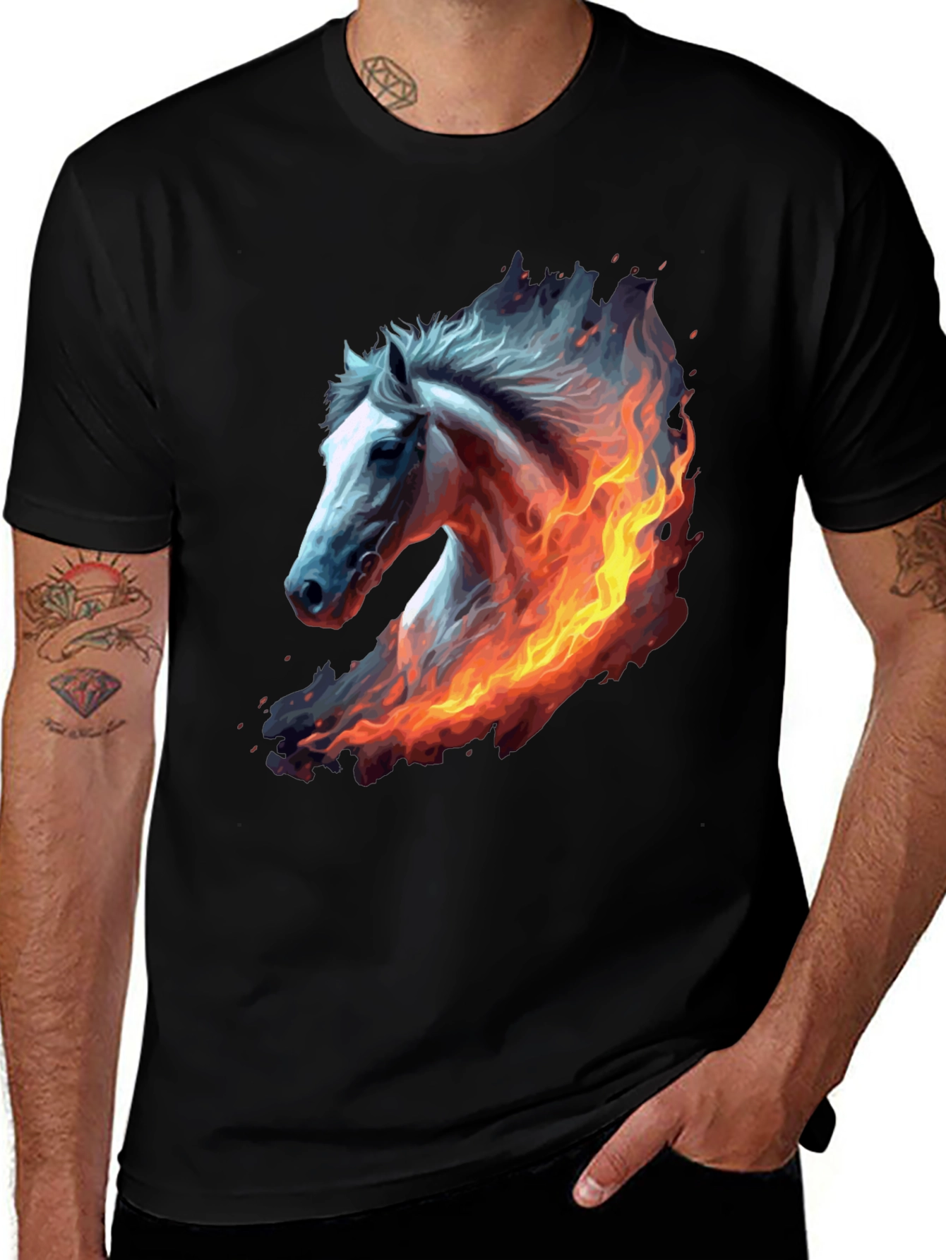 Fiery Horse Graphic Tee - Black Cotton T-Shirt