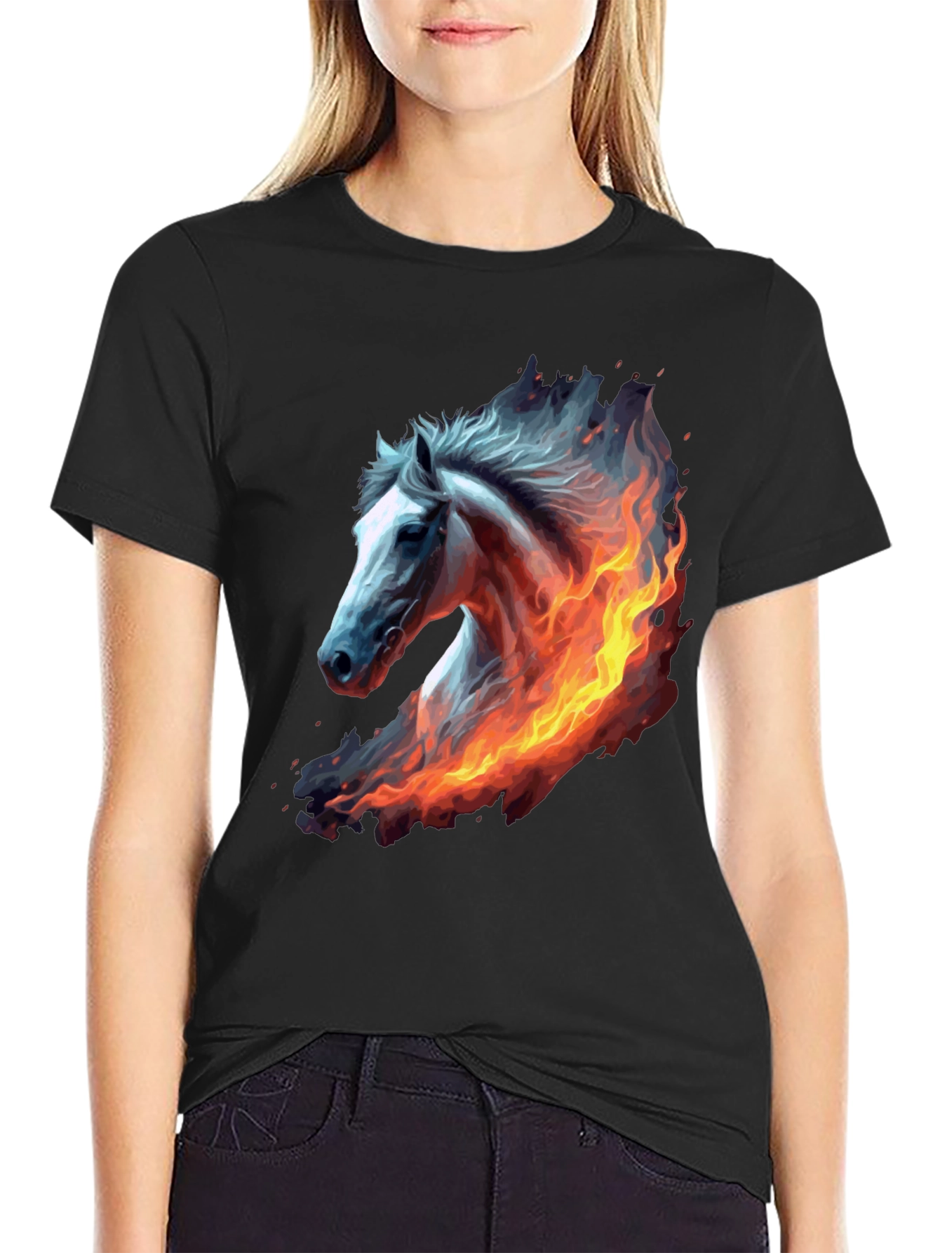 Fiery Horse Graphic Tee - Black Cotton T-Shirt