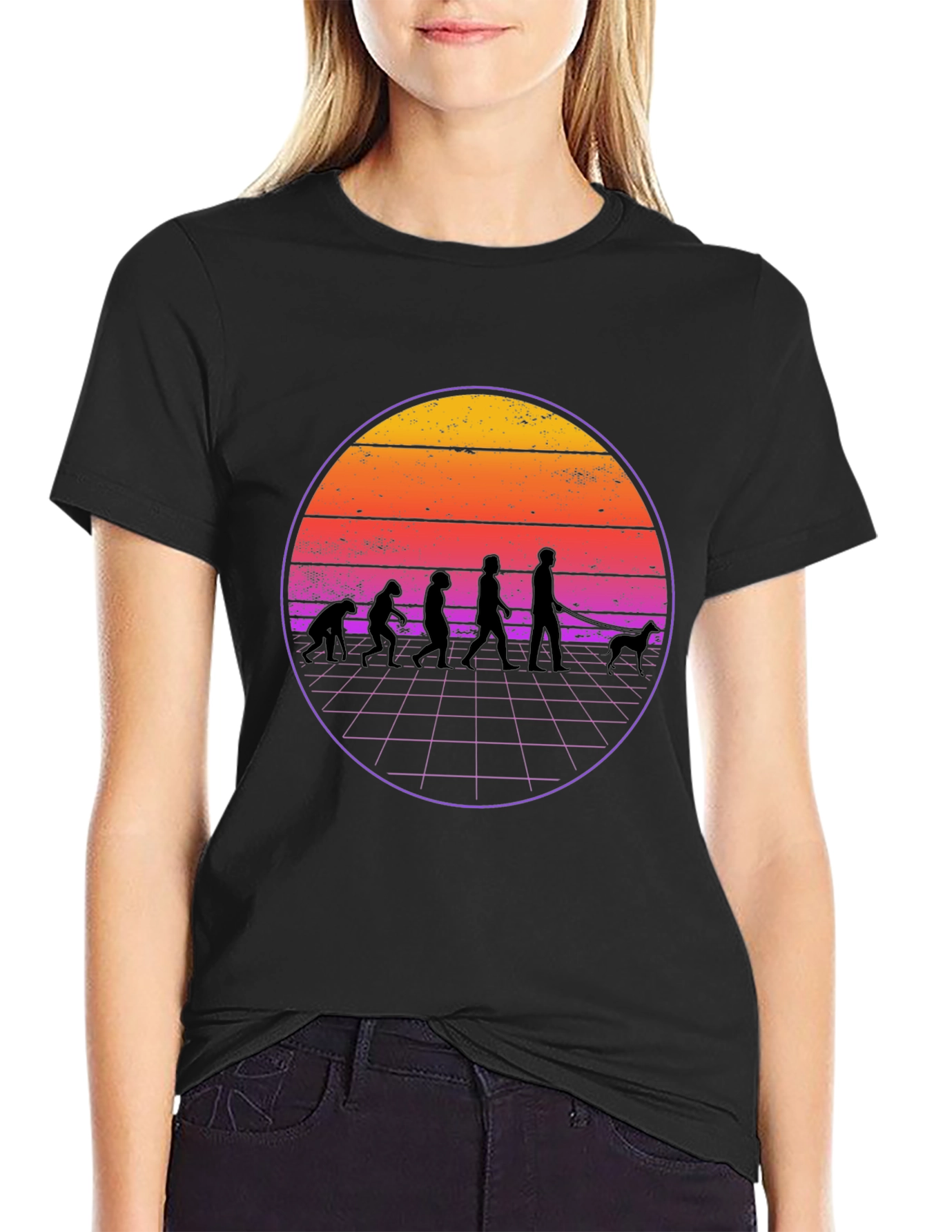Retro Evolution Dog Walker Black T-Shirt