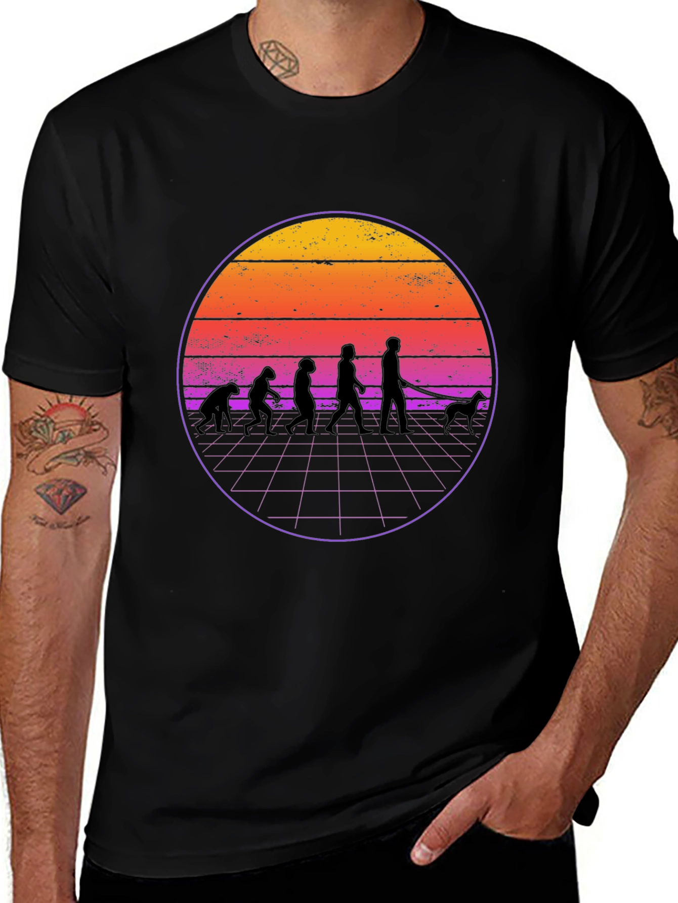 Retro Evolution Dog Walker Black T-Shirt