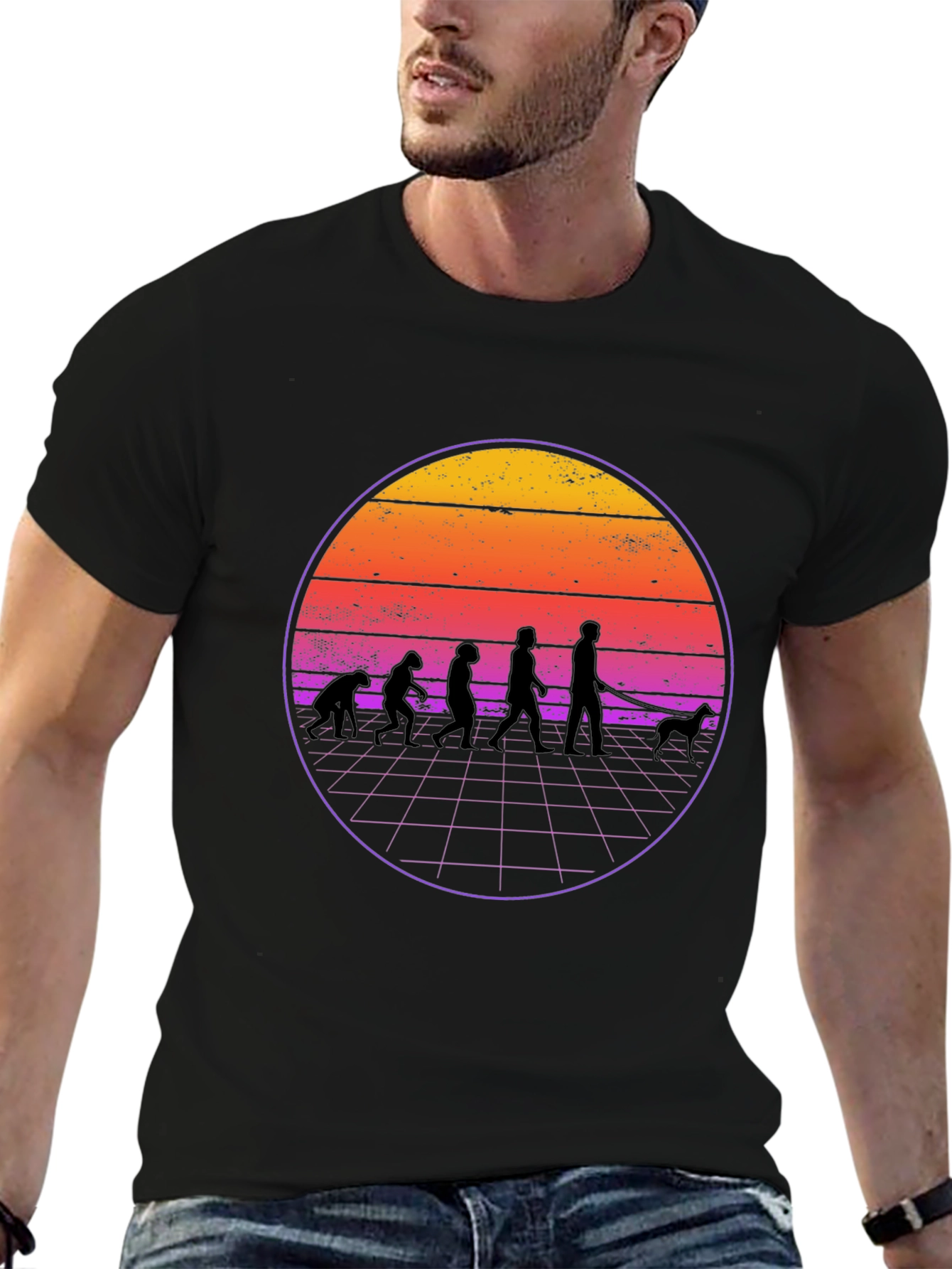 Retro Evolution Dog Walker Black T-Shirt