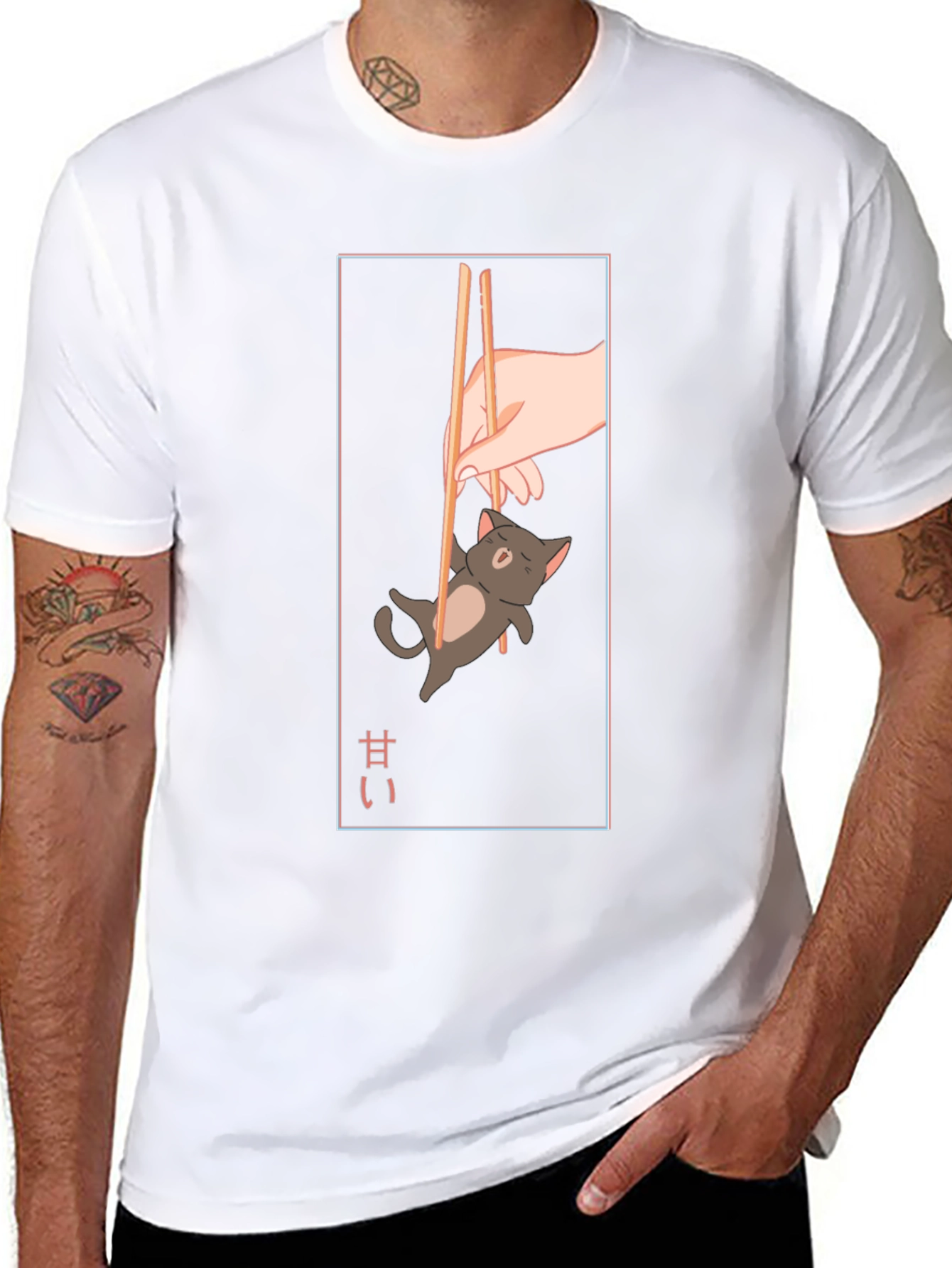 Cute Cat Chopsticks Graphic T-Shirt