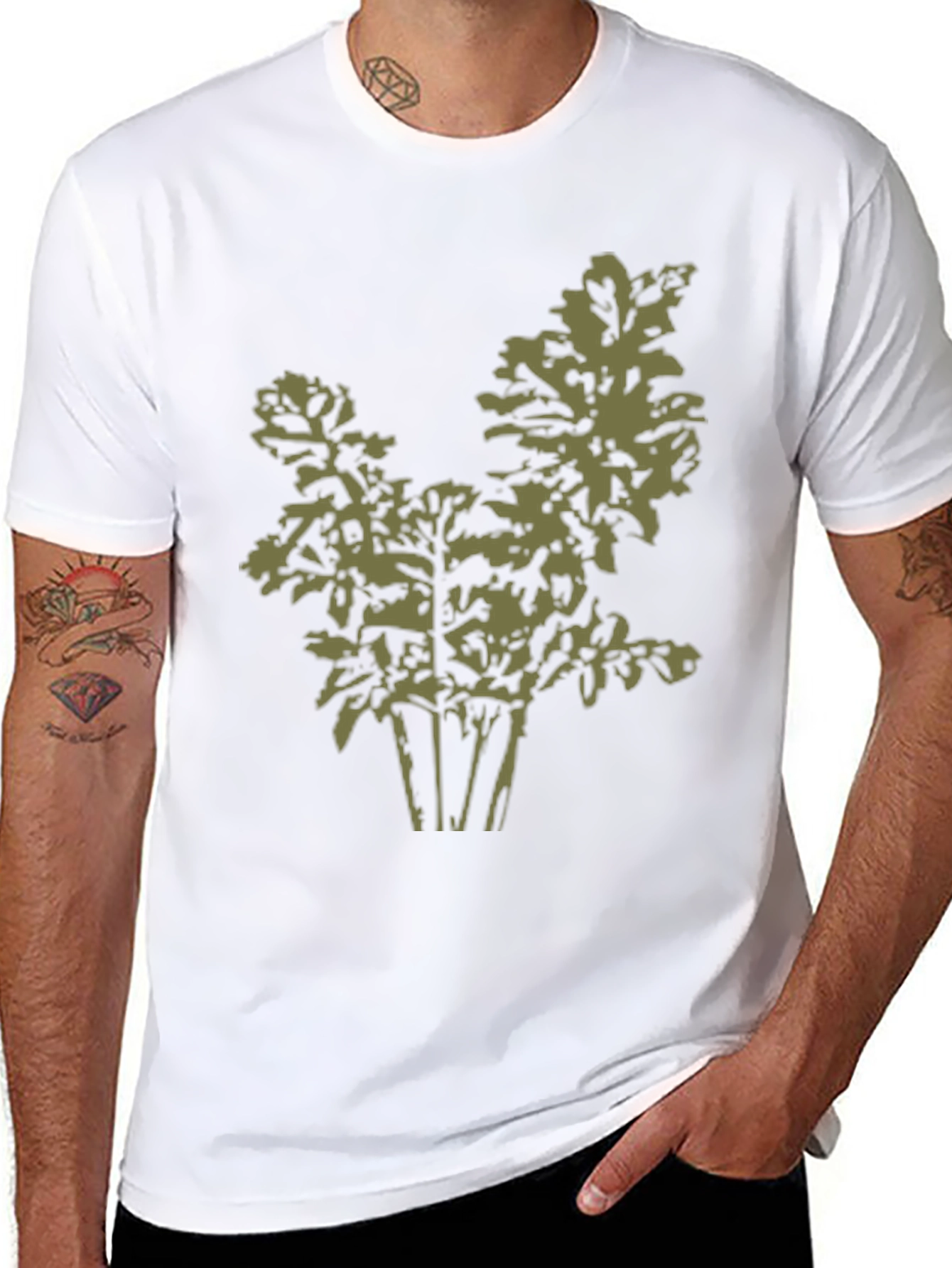 Olive Green Leaf Print Black T-Shirt