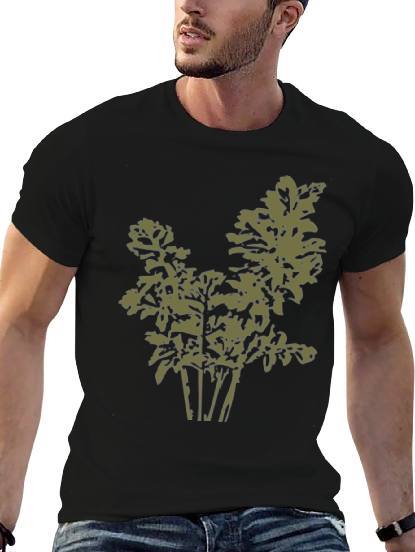 Olive Green Leaf Print Black T-Shirt