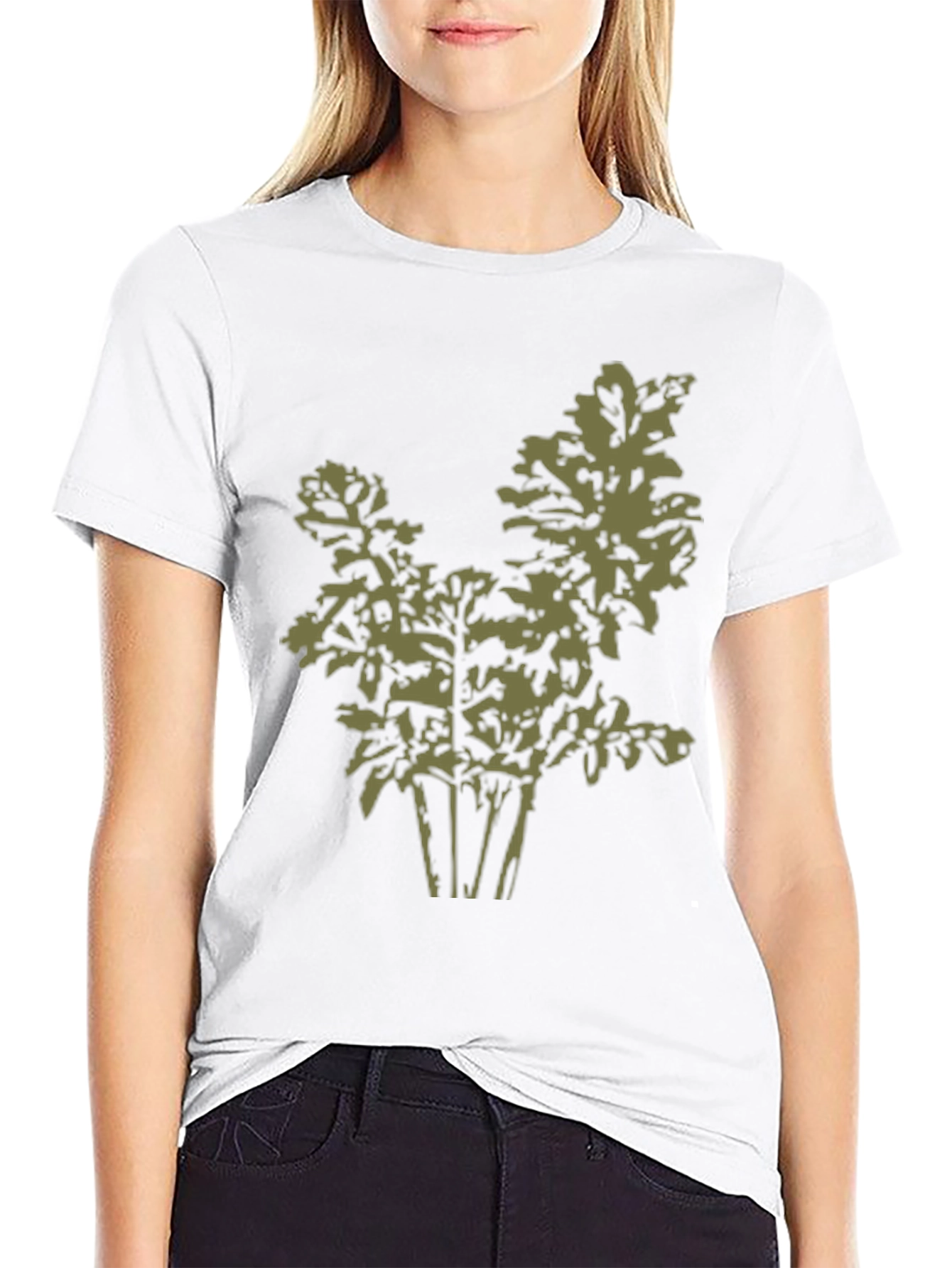 Olive Green Leaf Print Black T-Shirt
