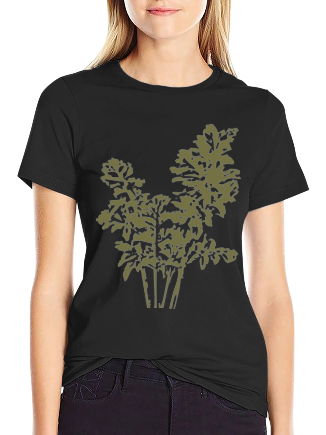 Olive Green Leaf Print Black T-Shirt