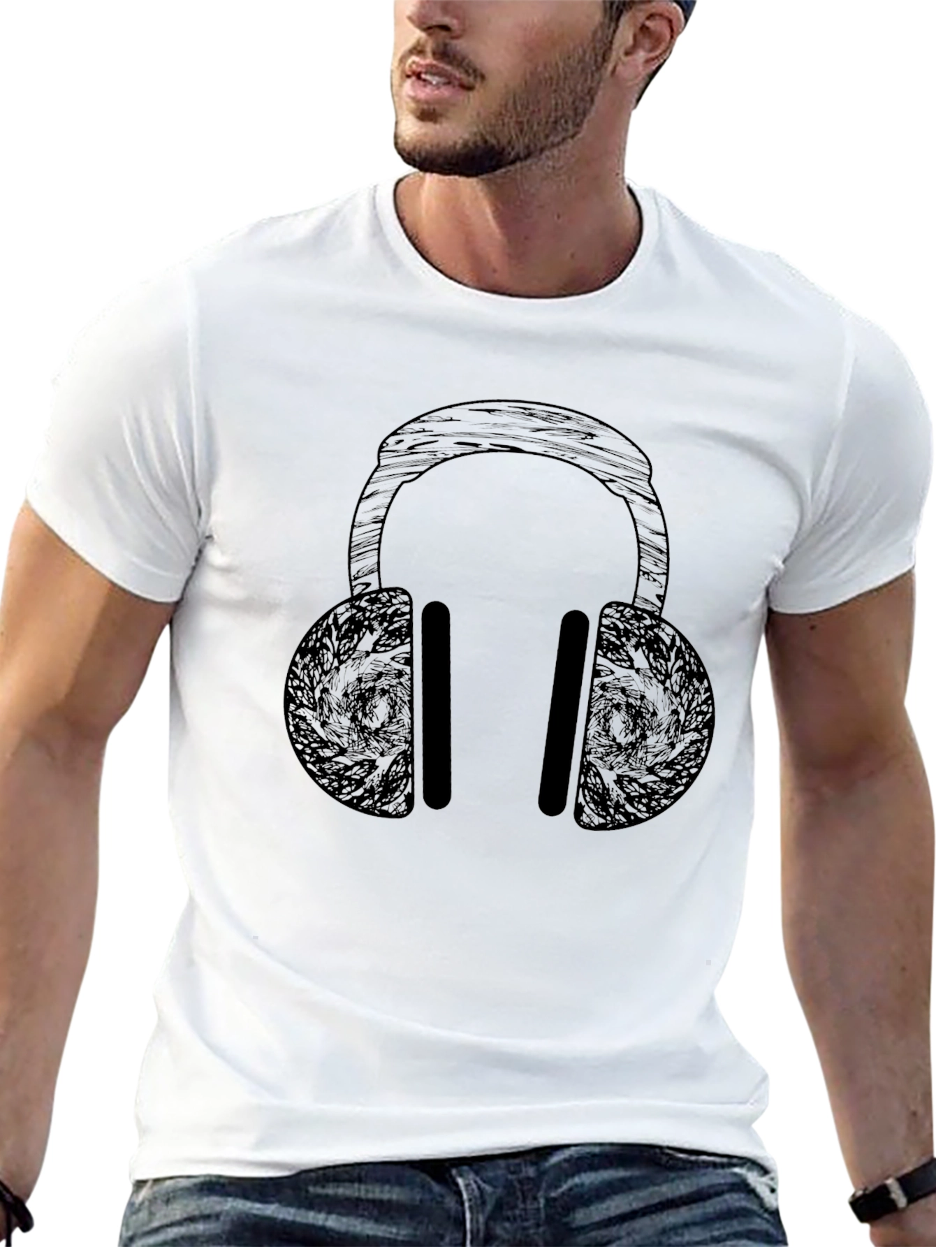 Abstract Headphones Graphic Black T-Shirt