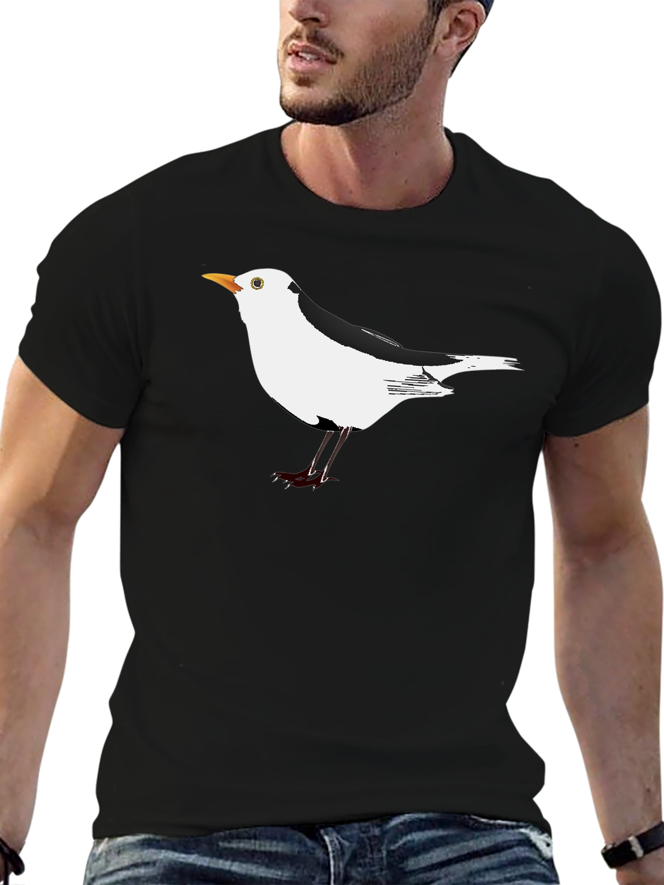 Black T-Shirt with Unique Seagull Bird Graphic