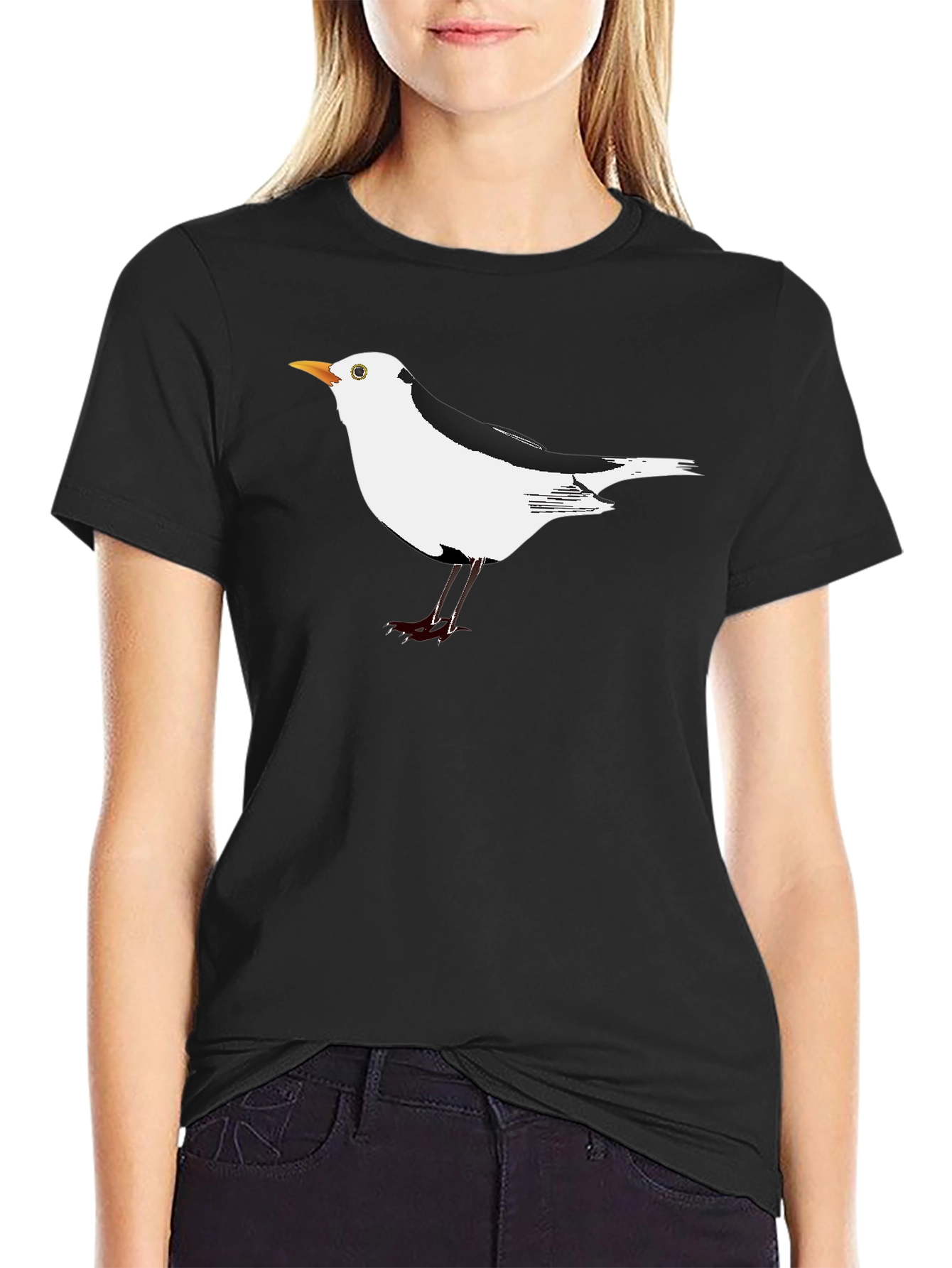 Black T-Shirt with Unique Seagull Bird Graphic