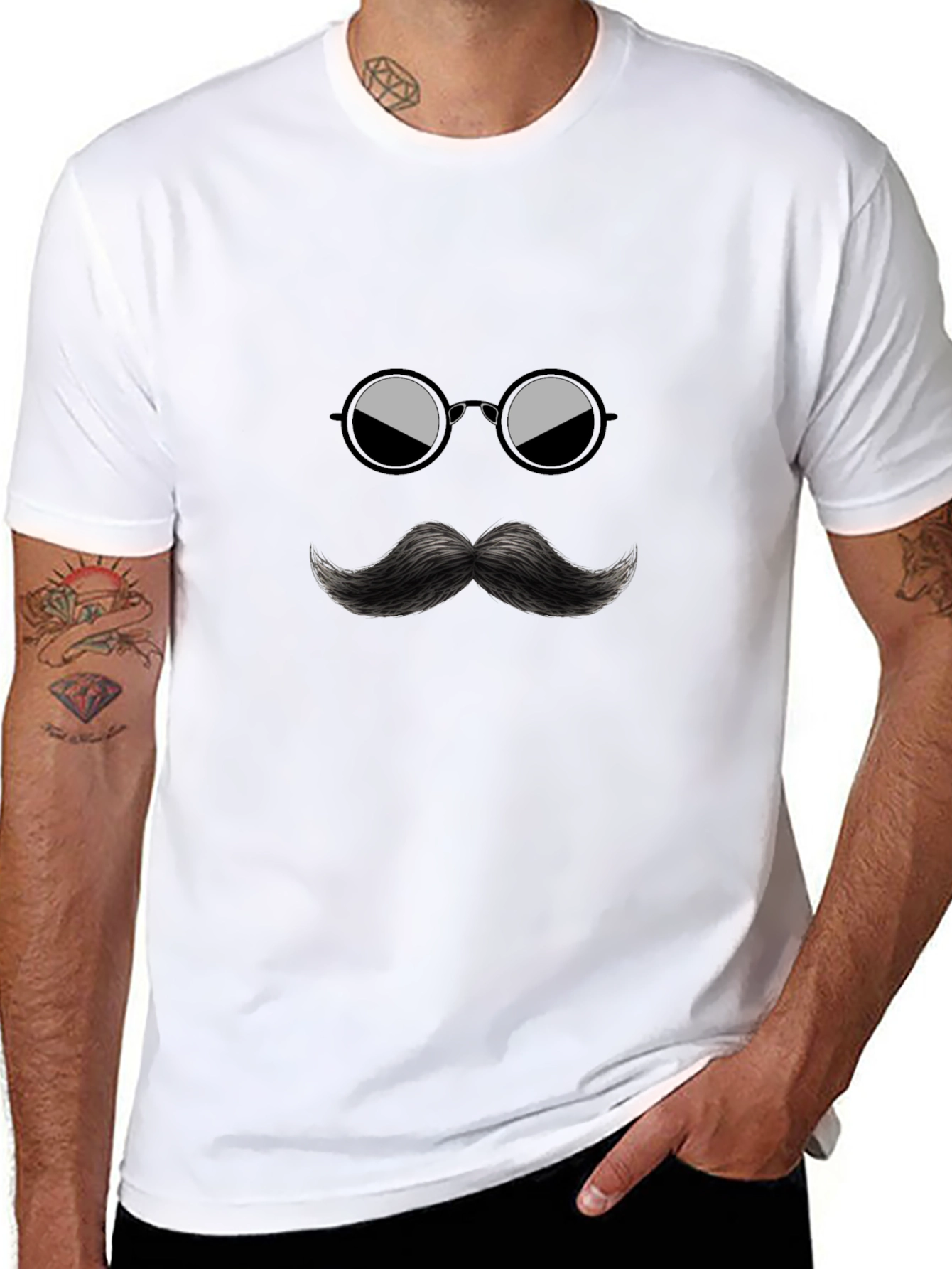 Cool Mustache & Glasses Graphic Black Tee