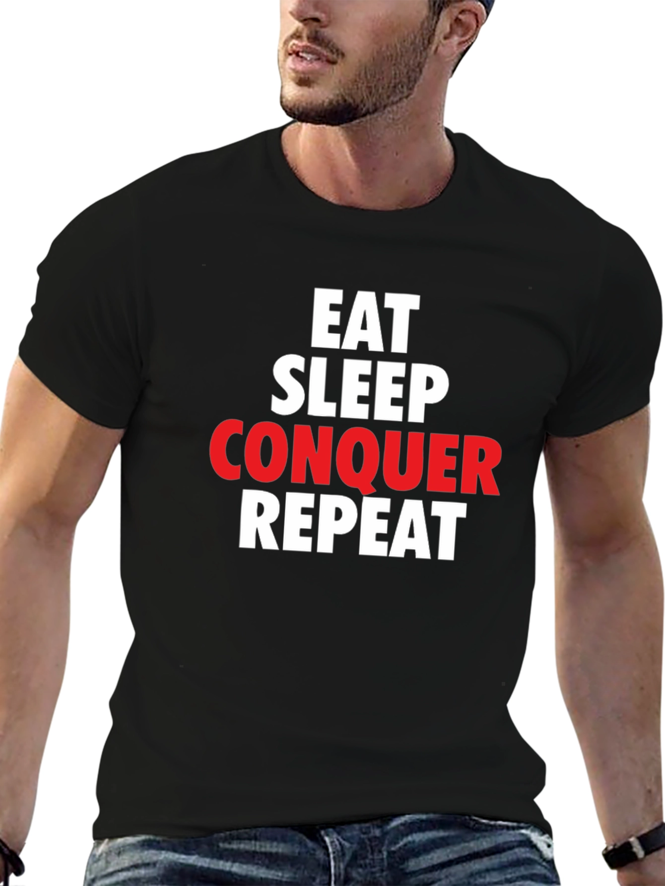 Eat Sleep Conquer Repeat Black Graphic T-Shirt