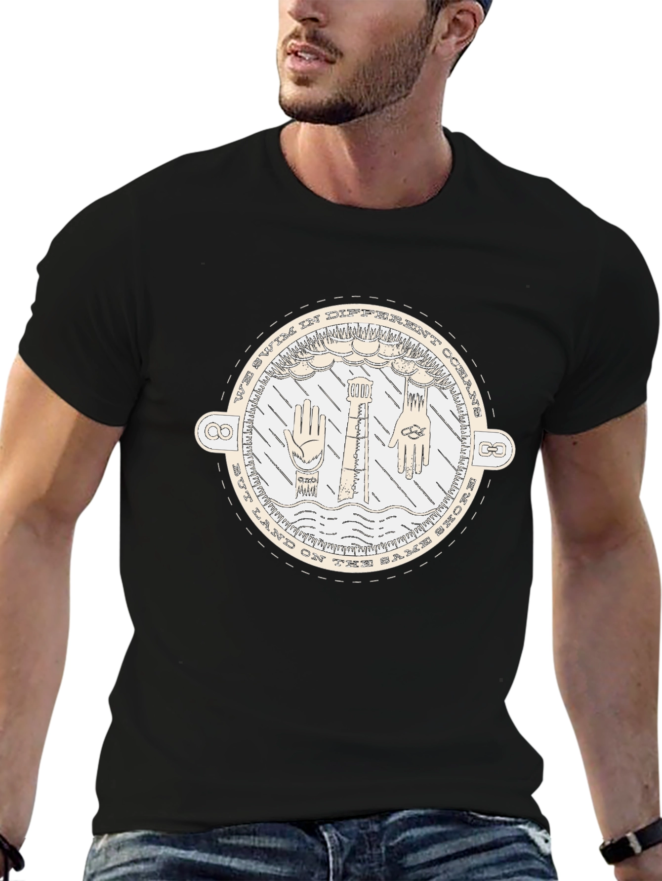 Unisex Black T-Shirt with Nautical-Themed Graphic