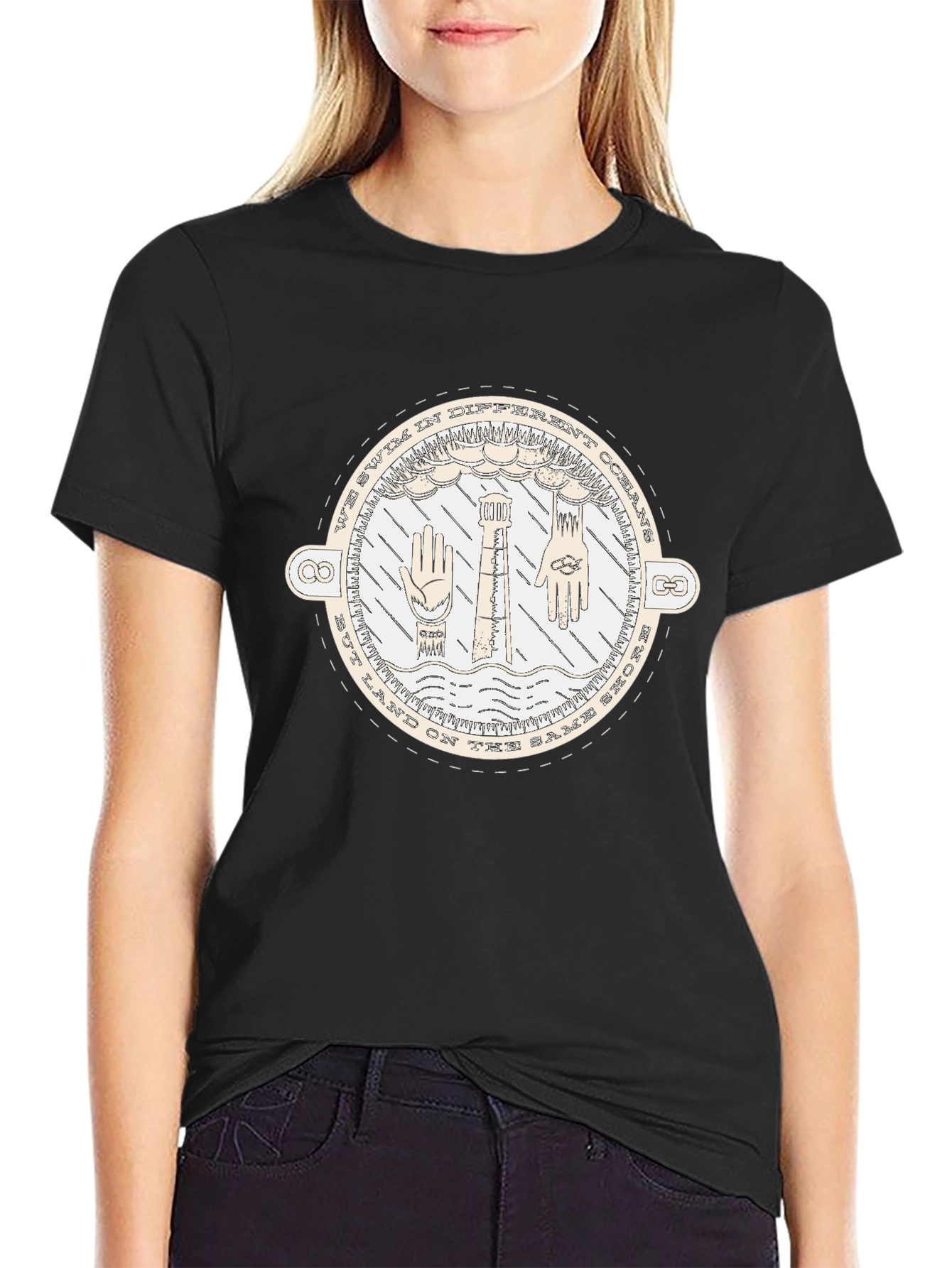 Unisex Black T-Shirt with Nautical-Themed Graphic