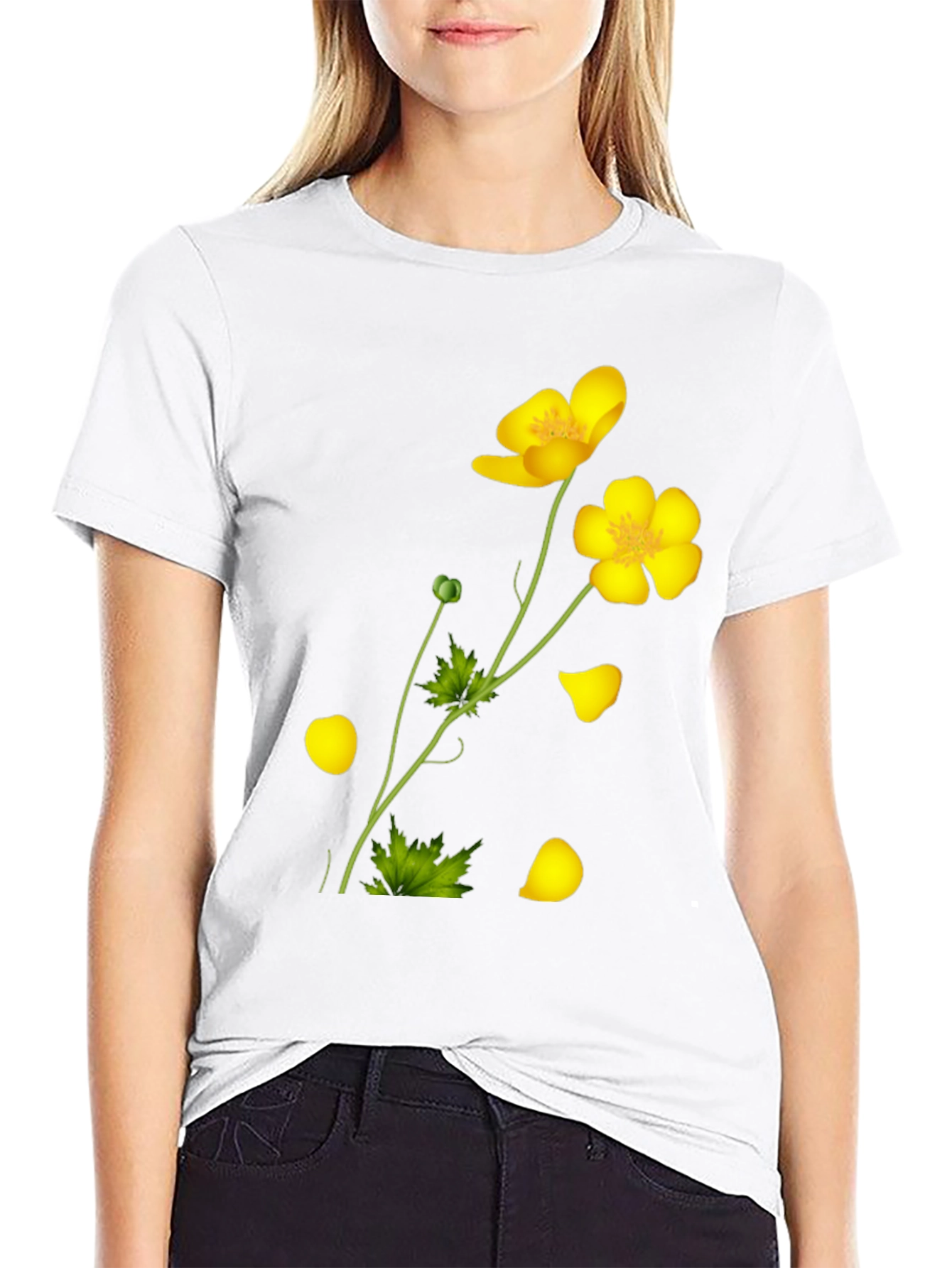 Black Tee with Yellow Floral Design