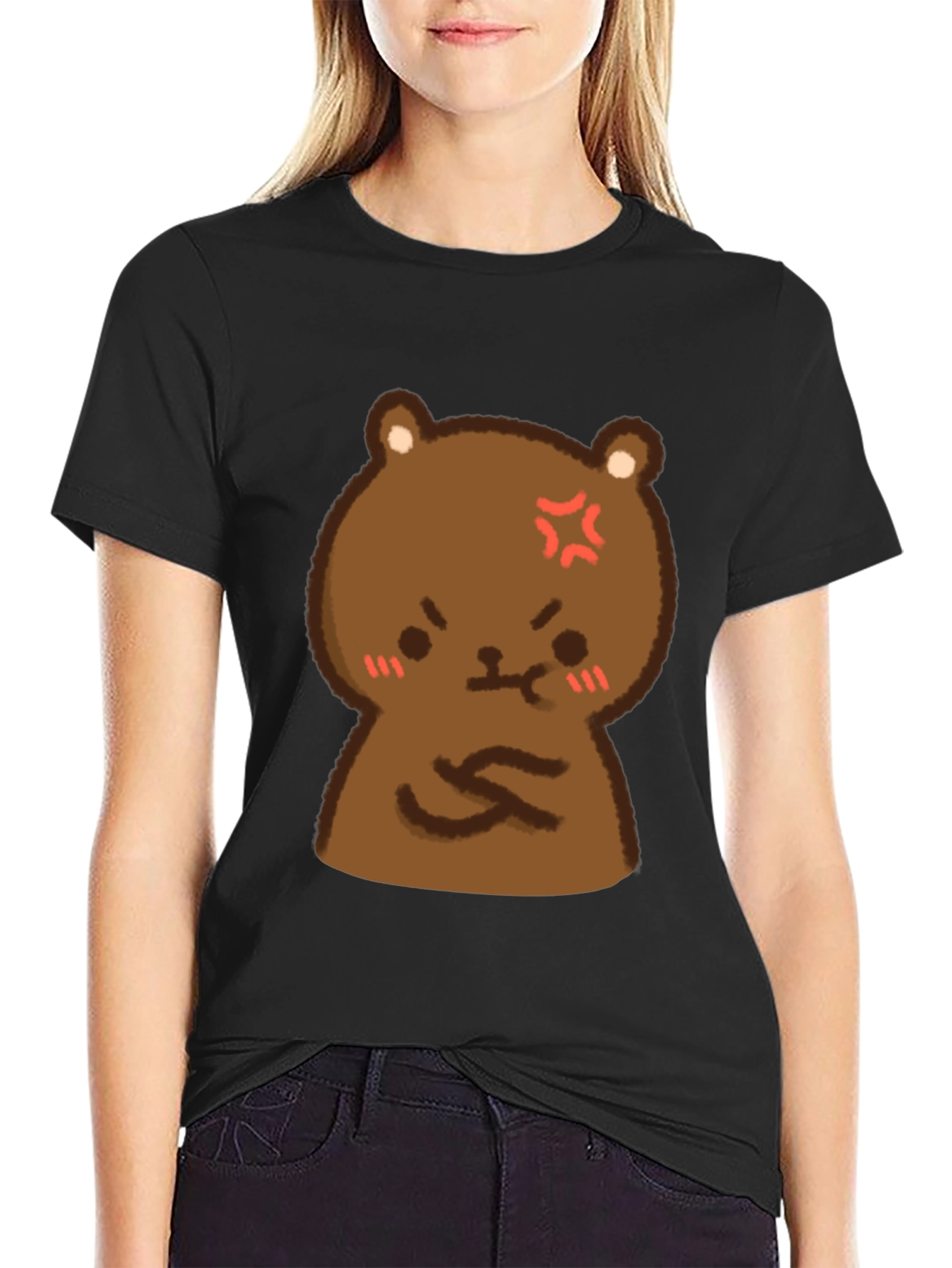 Angry Bear Cartoon Black T-Shirt
