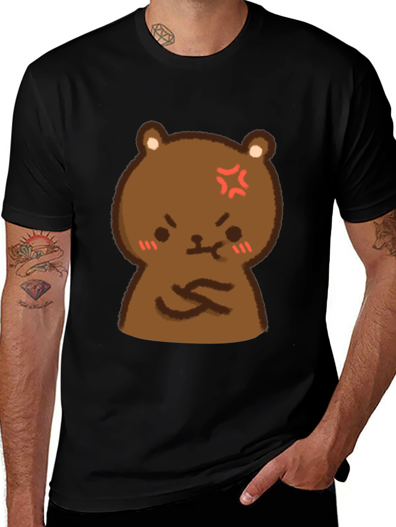 Angry Bear Cartoon Black T-Shirt