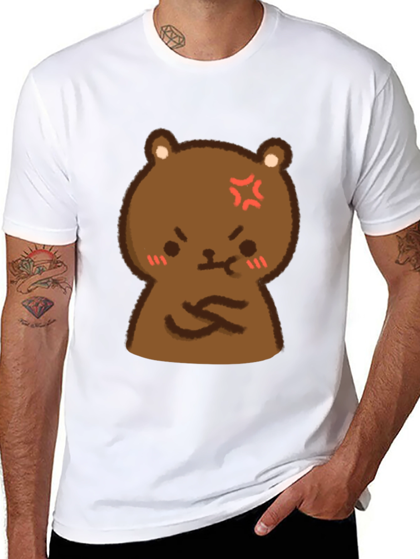 Angry Bear Cartoon Black T-Shirt