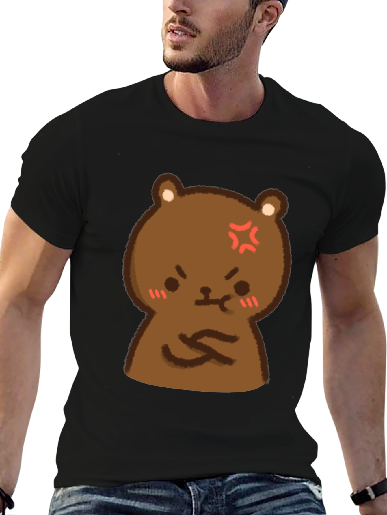 Angry Bear Cartoon Black T-Shirt