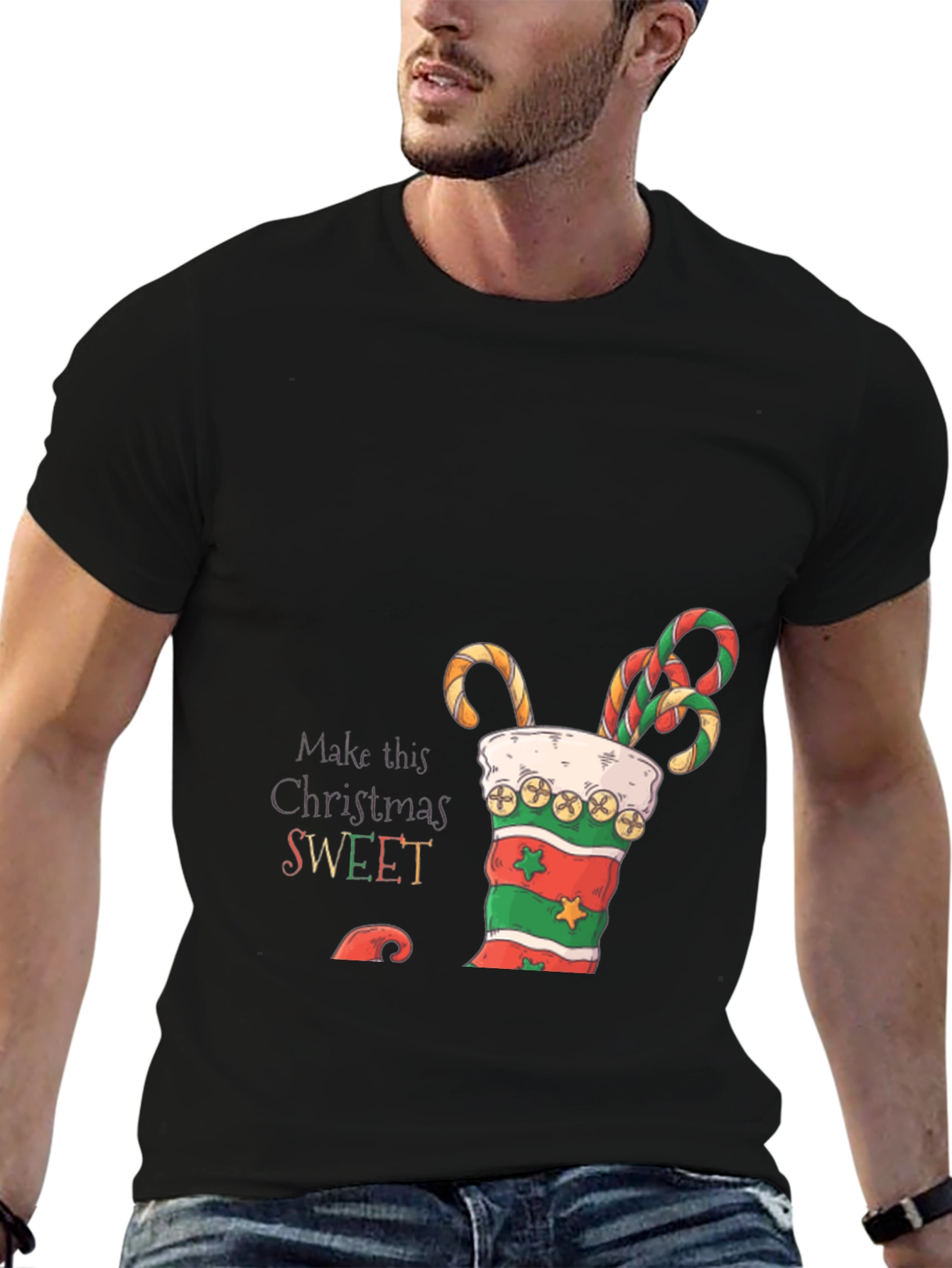 Sweet Christmas T-Shirt - Candy Cane Stocking Design
