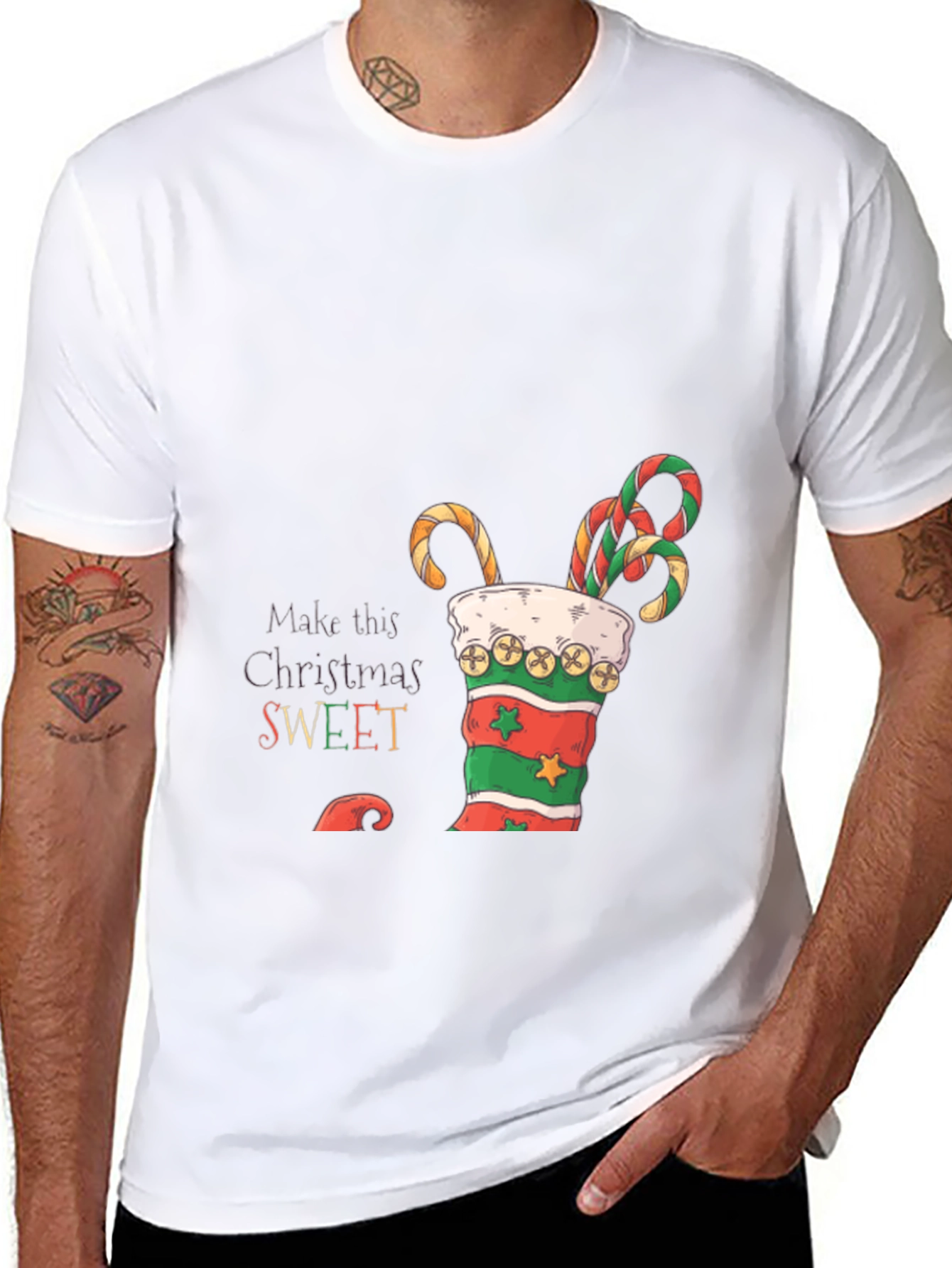 Sweet Christmas T-Shirt - Candy Cane Stocking Design