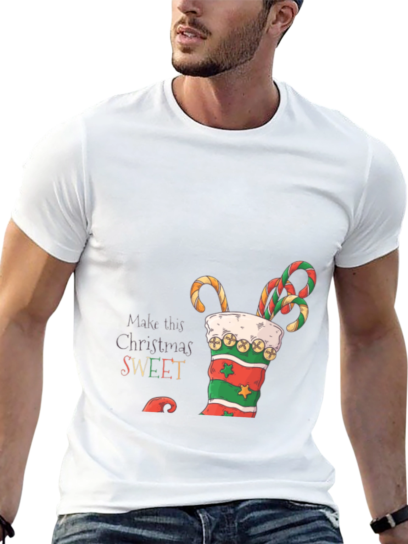 Sweet Christmas T-Shirt - Candy Cane Stocking Design