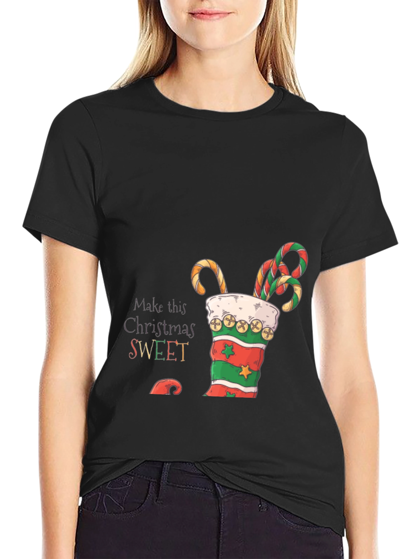 Sweet Christmas T-Shirt - Candy Cane Stocking Design