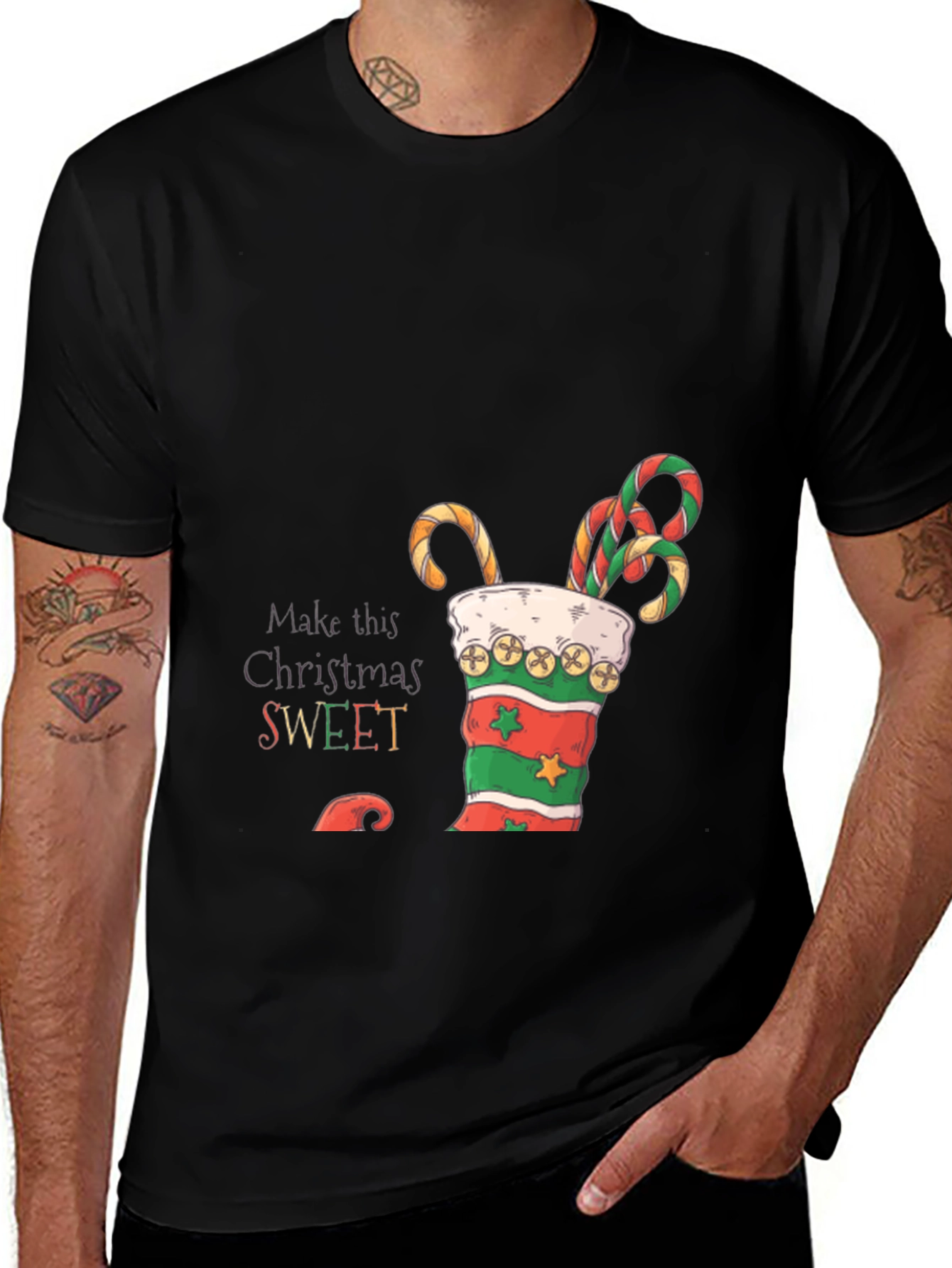 Sweet Christmas T-Shirt - Candy Cane Stocking Design