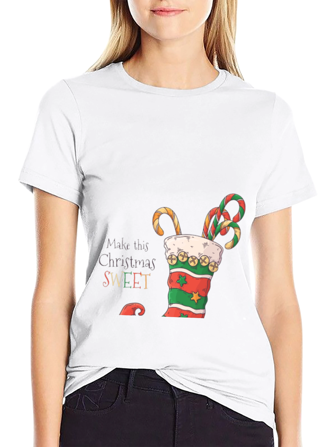 Sweet Christmas T-Shirt - Candy Cane Stocking Design
