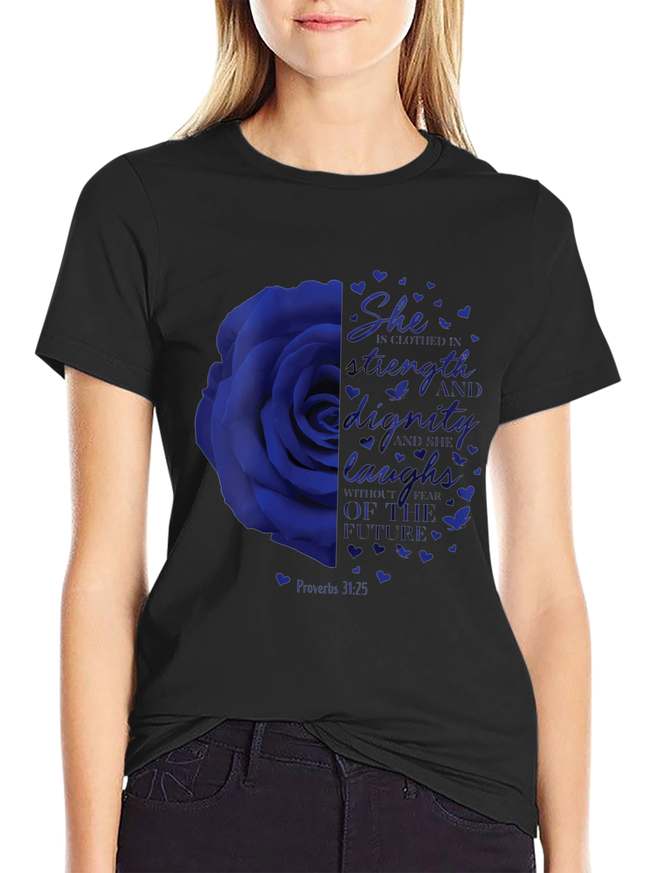 She is clothed in Strength Graphic Tee